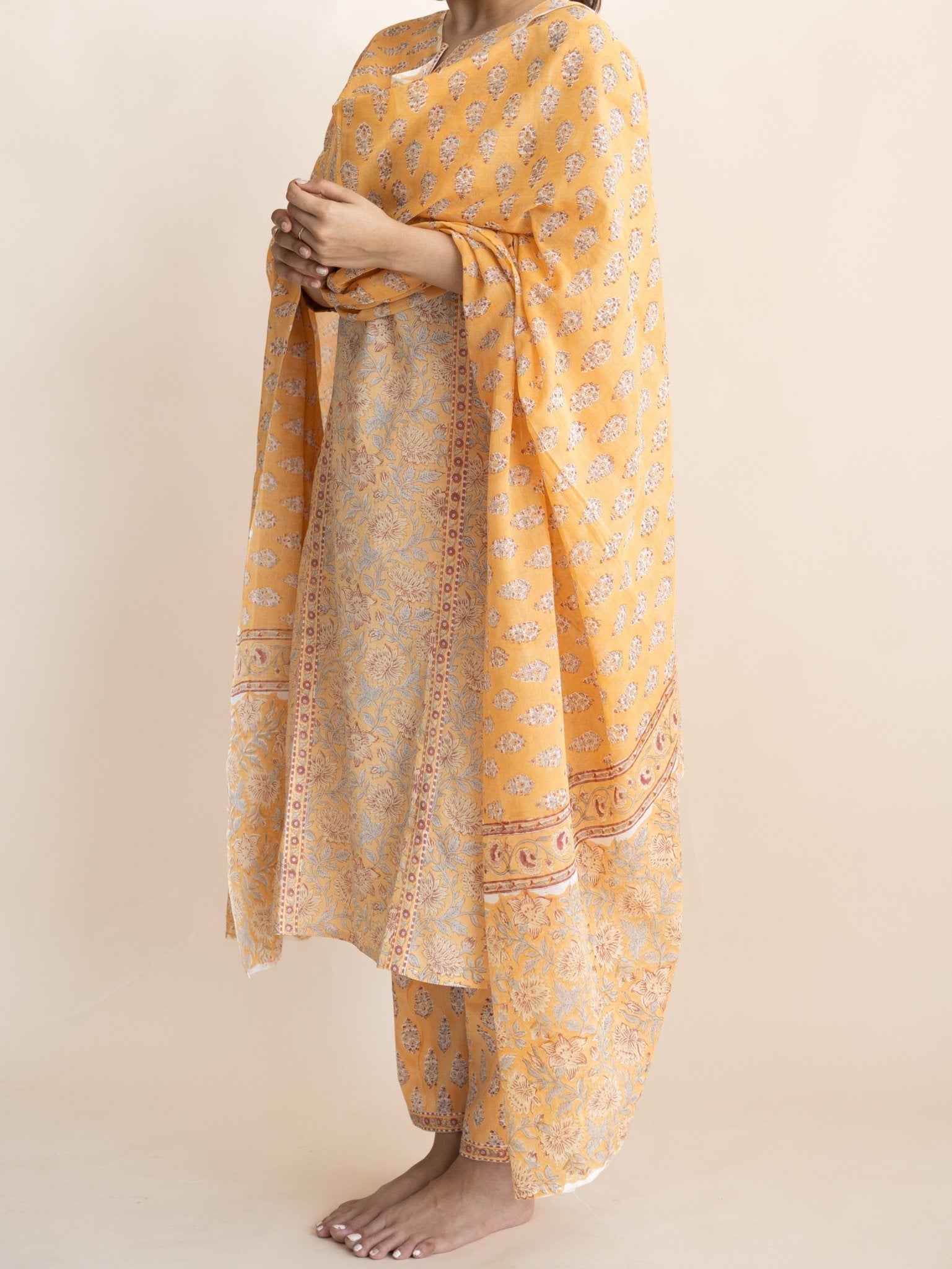 Ahel Cotton Block Printed Straight Suit Set - AINA