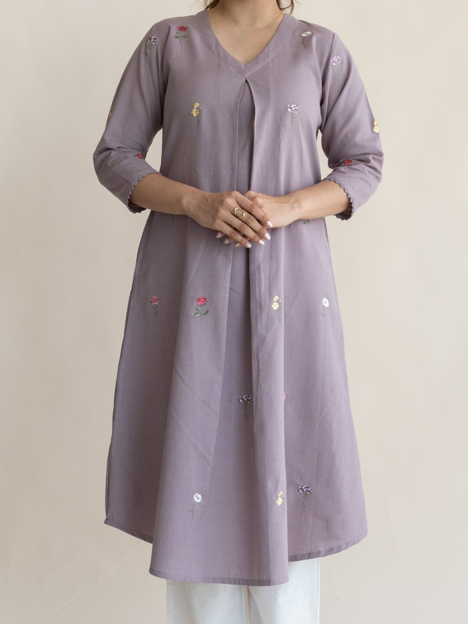 Ahsas Cotton Flax Embroidered A - Line Kurta - AINA
