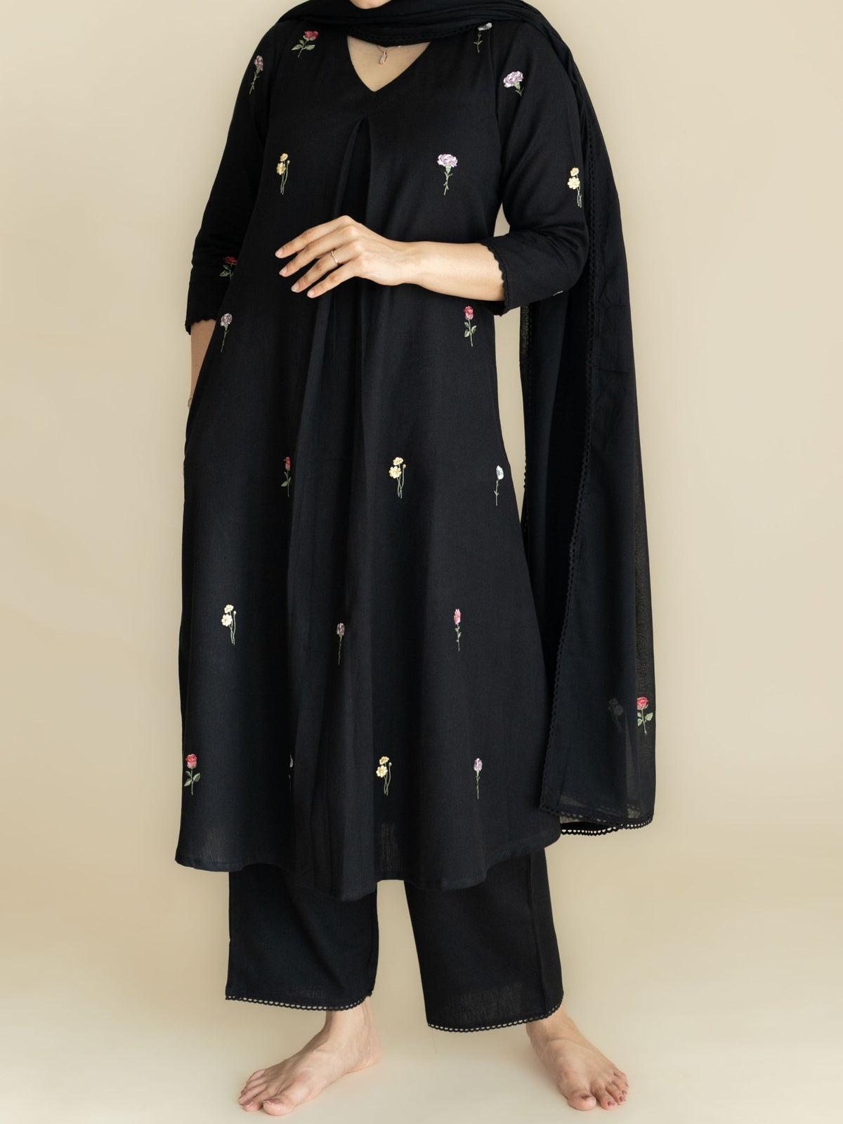 Ameya Cotton Flax Embroidered A-Line Suit Set - AINA