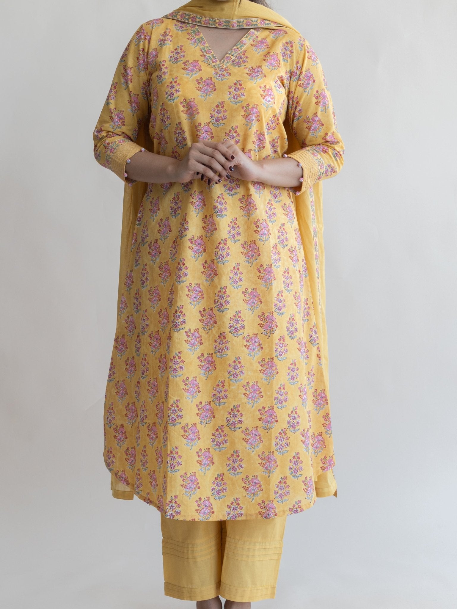 Anaya Cotton Block Printed A - Line Suit Set - AINA