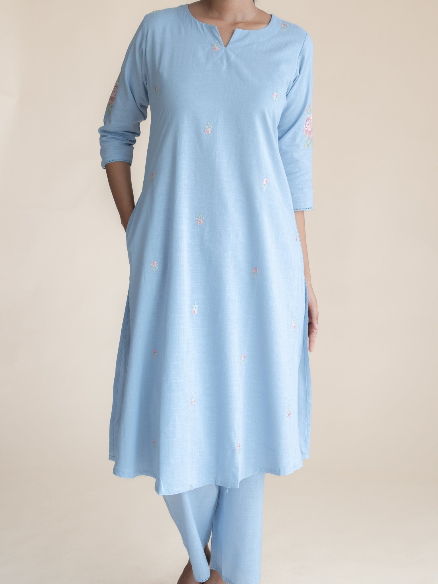 Anulya Cotton Embroidered A - Line Suit Set - AINA
