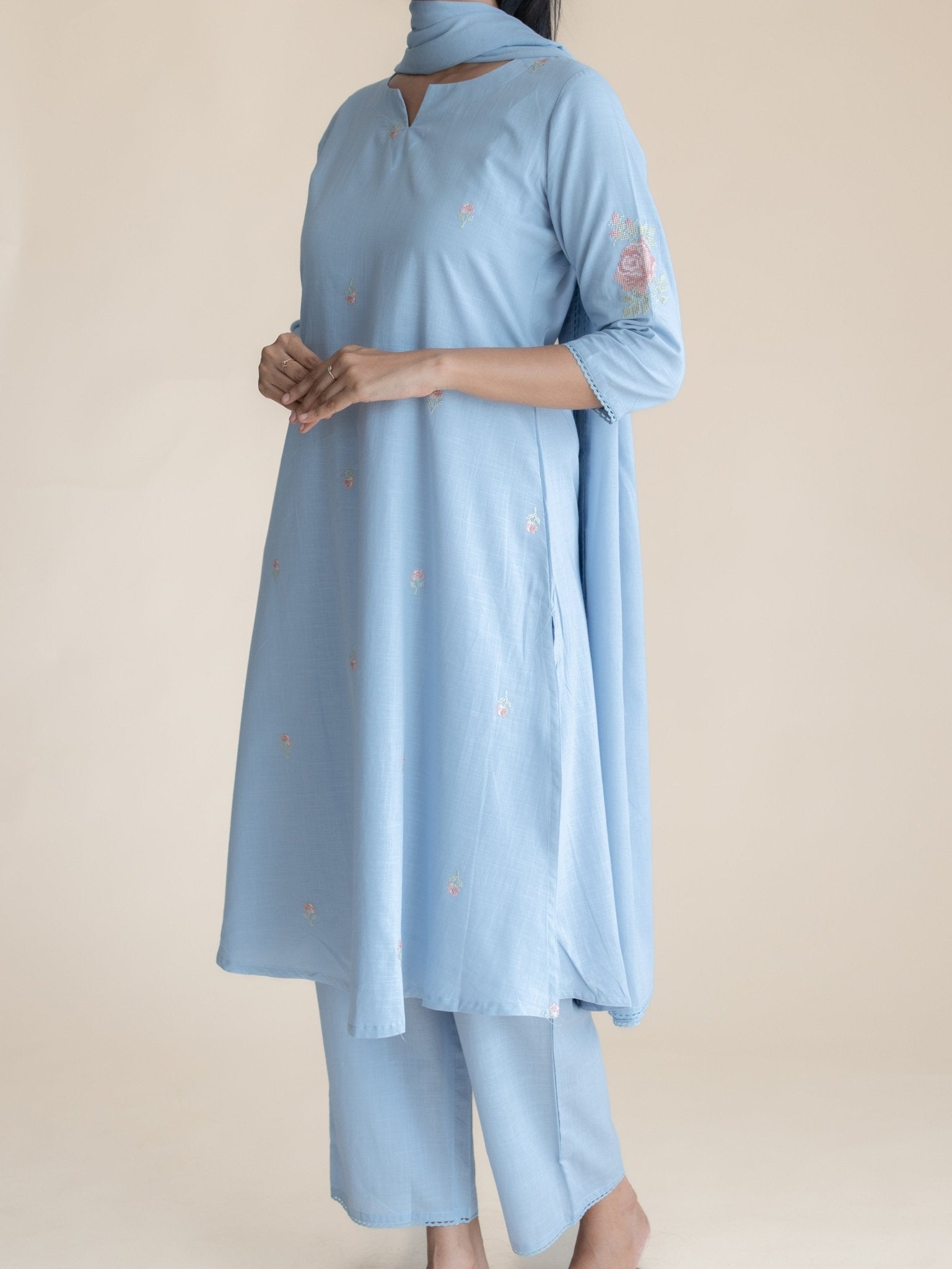 Anulya Cotton Embroidered A - Line Suit Set - AINA