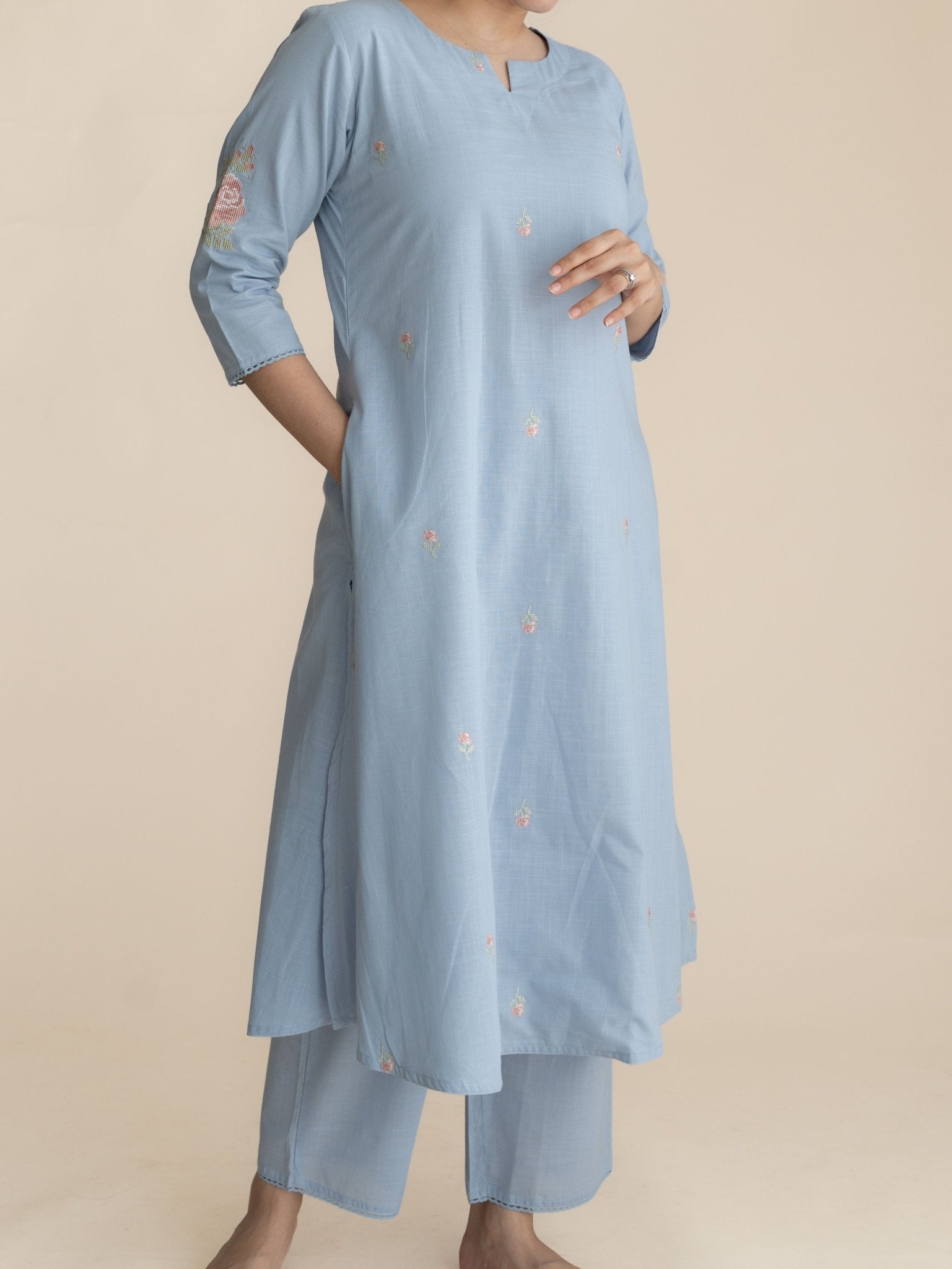 Anulya Cotton Embroidered A-Line Suit Set - AINA