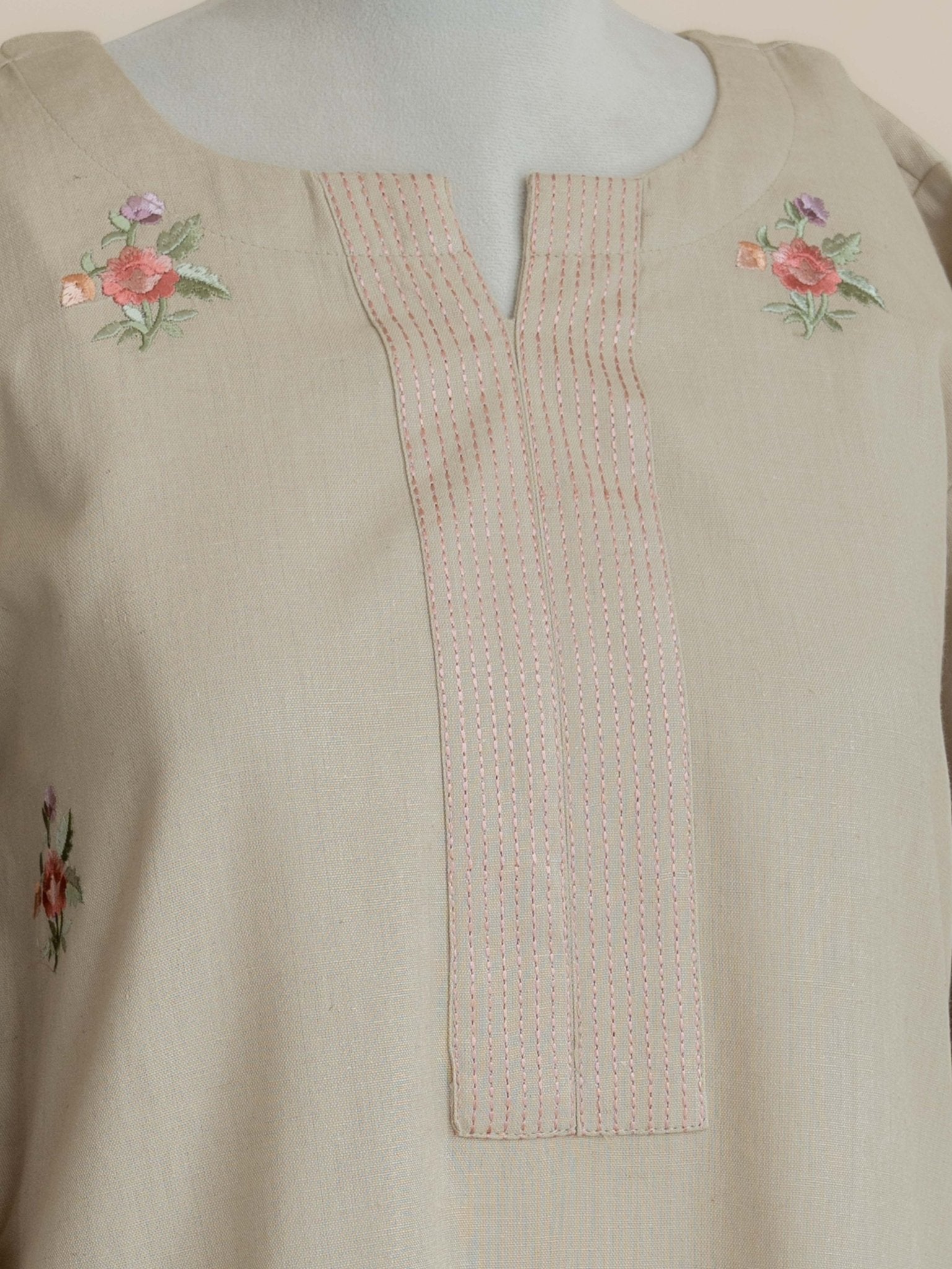 Ashal Cotton Flax Embroidered Straight Kurta - AINA