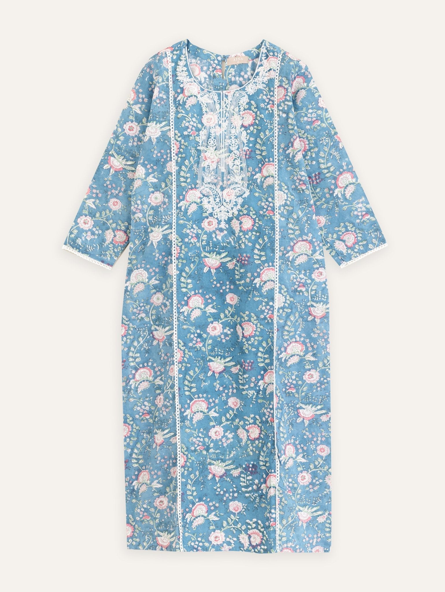 Azra Cotton Embroidered Block Printed Straight Kurta - AINA