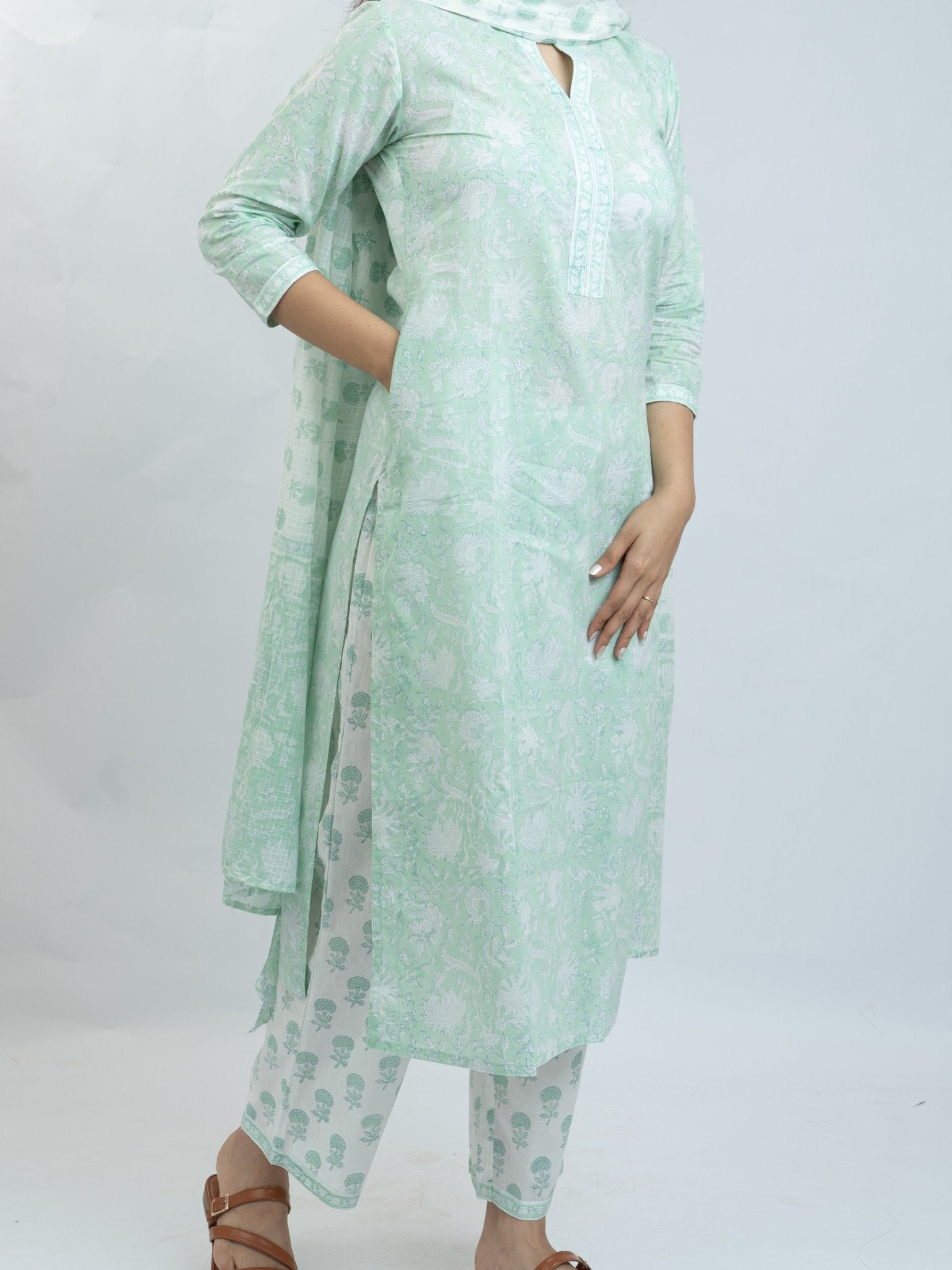 Dalia Cotton Block Printed Straight Suit Set - AINA