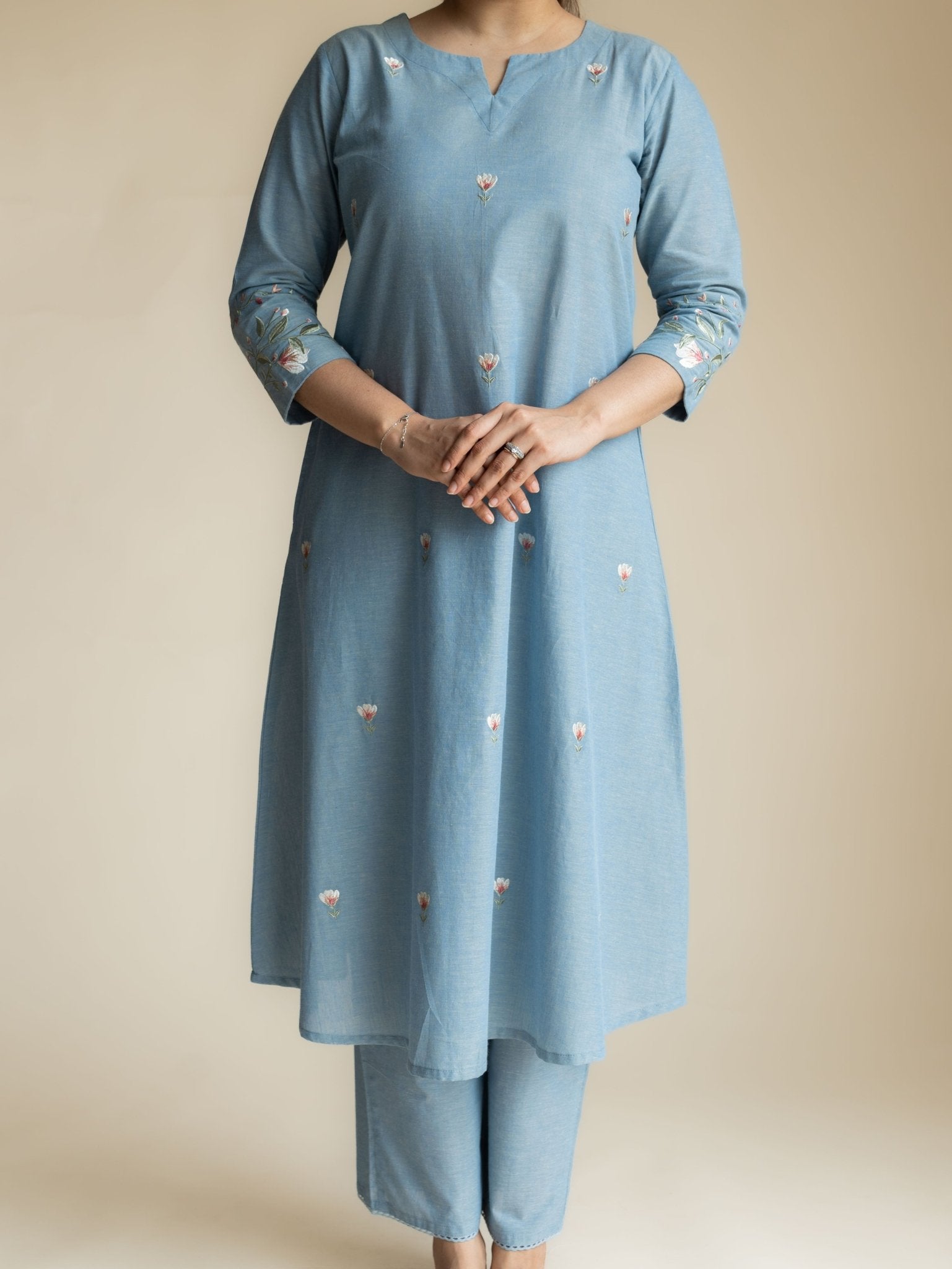 Dhara Cotton Handloom Embroidered A-Line Suit Set - AINA