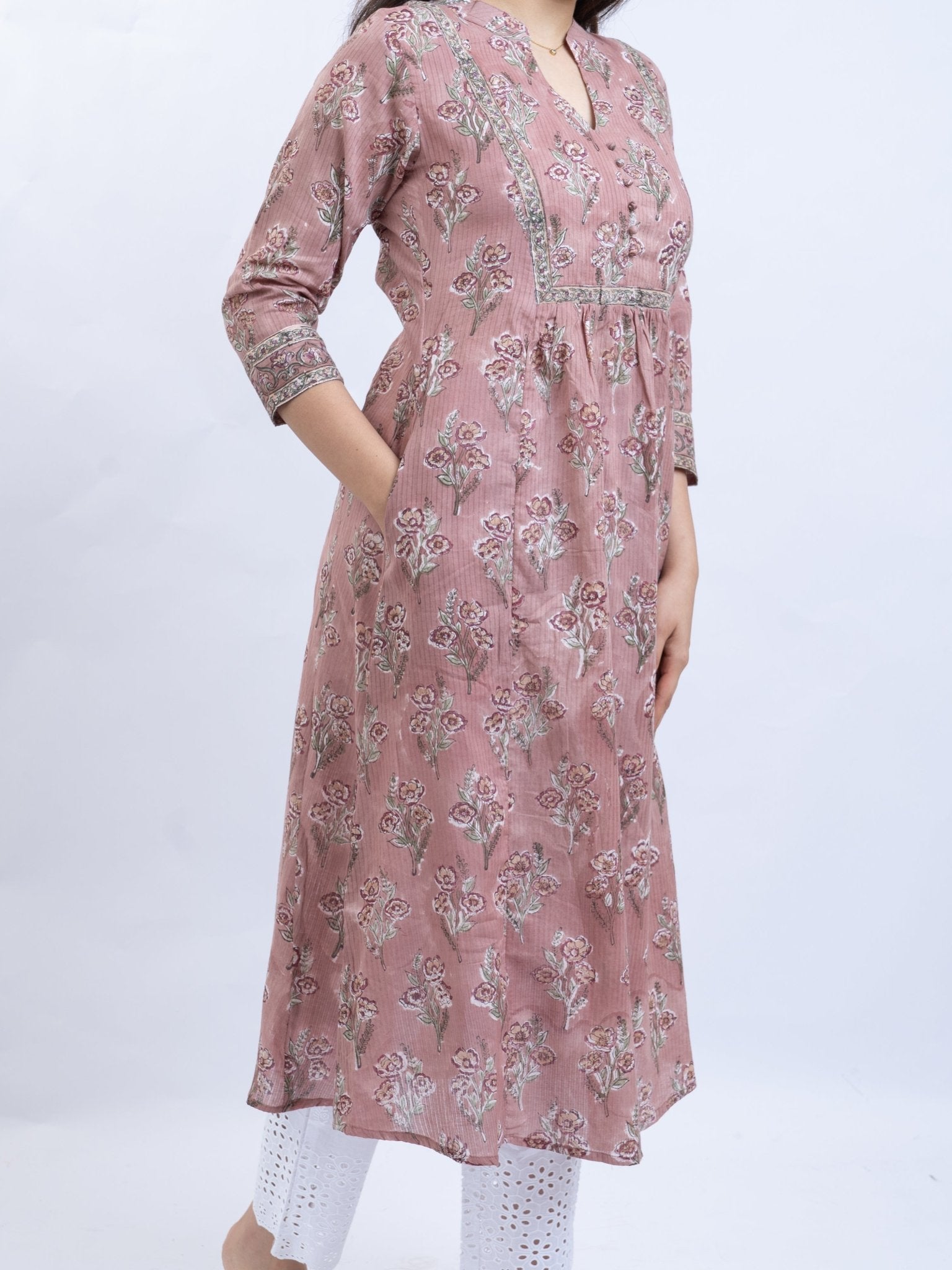 Elina Cotton Block Printed A - Line Kurta - AINA