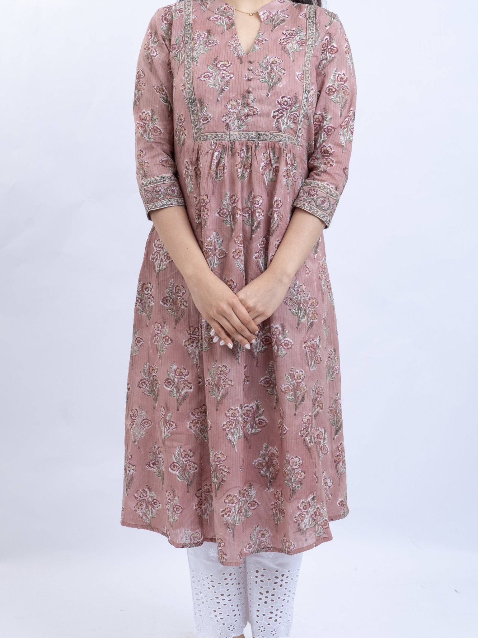 Elina Cotton Block Printed A - Line Kurta - AINA