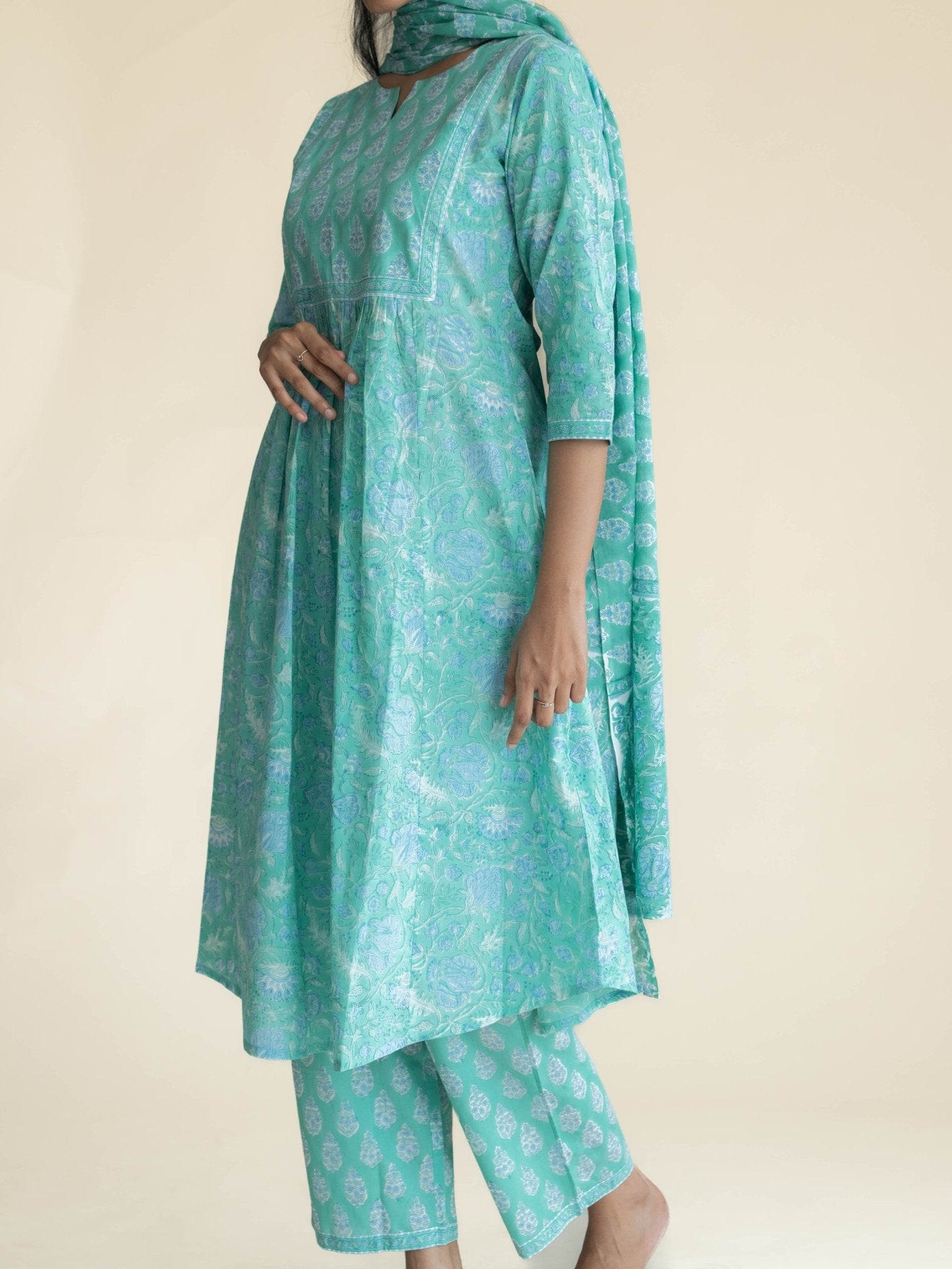 Hridhya Cotton Block Printed A - Line Suit Set - AINA