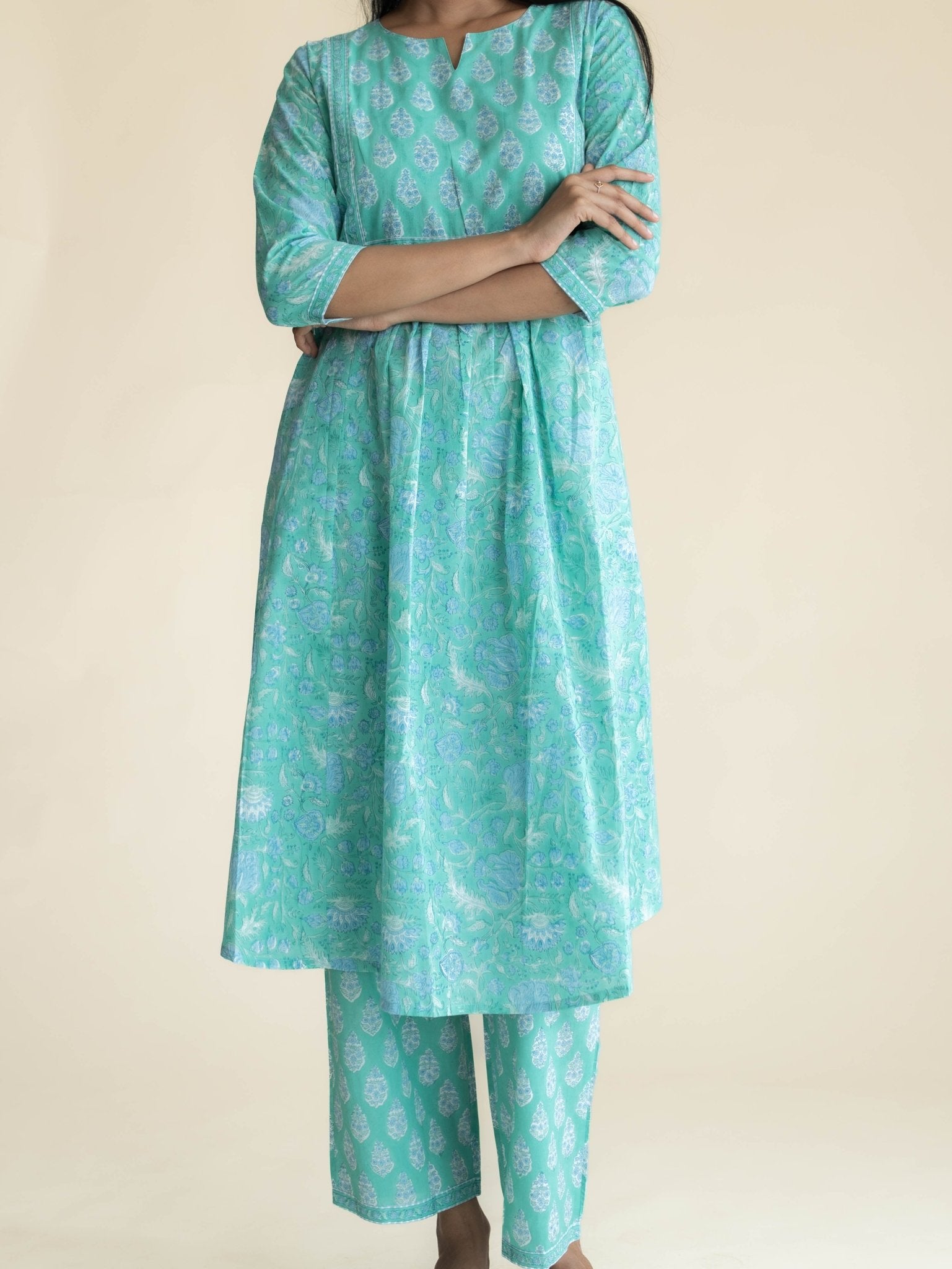 Hridhya Cotton Block Printed A - Line Suit Set - AINA