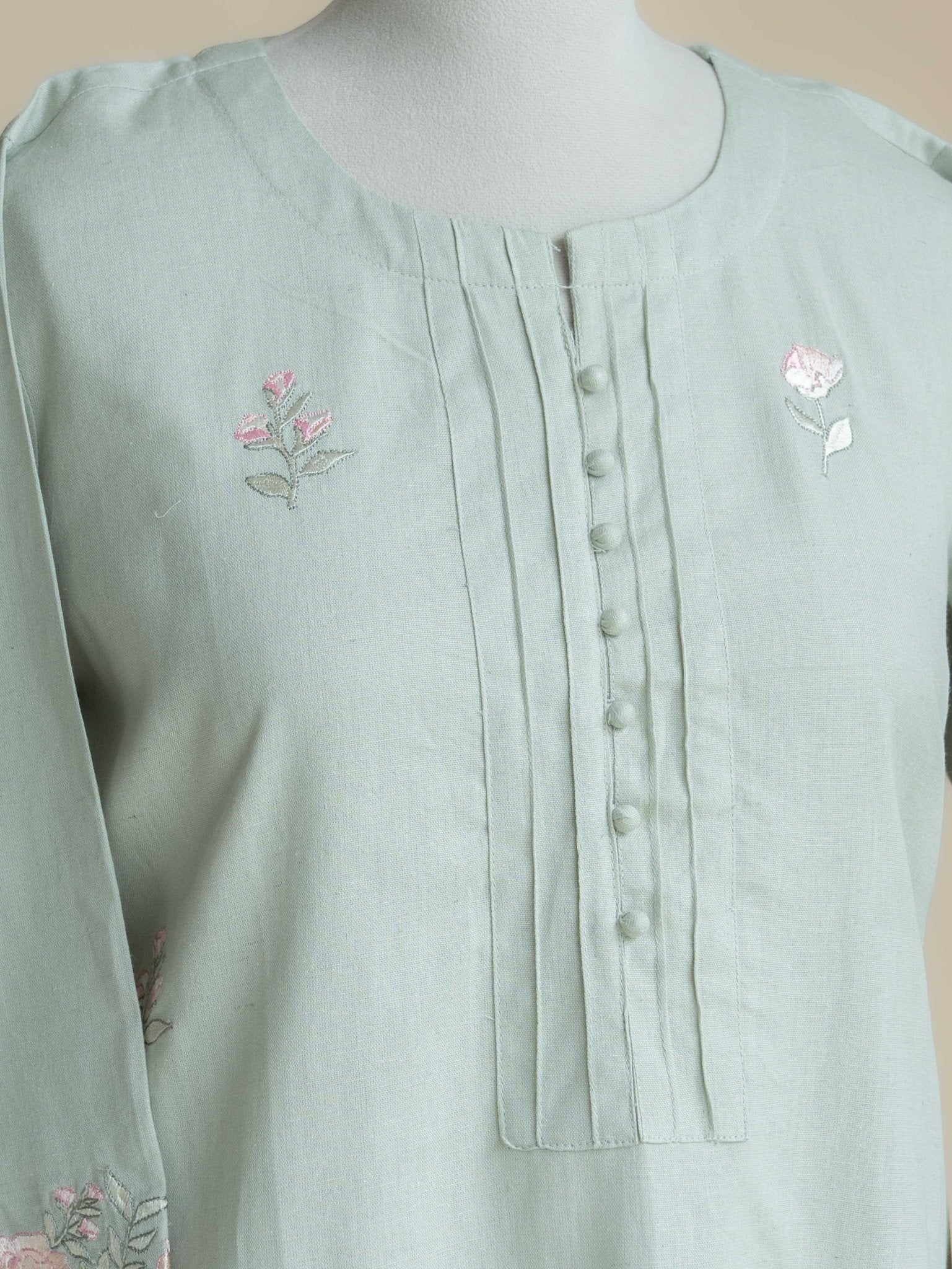 Kaiza Cotton Flax Embroidered Straight Kurta - AINA