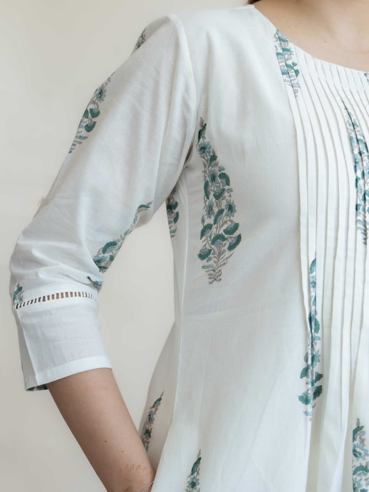 Kaneeha Cotton Block Printed A - Line Suit Set - AINA