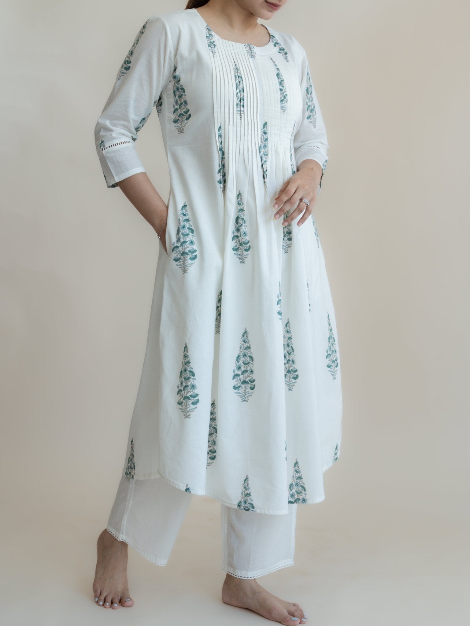 Kaneeha Cotton Block Printed A - Line Suit Set - AINA