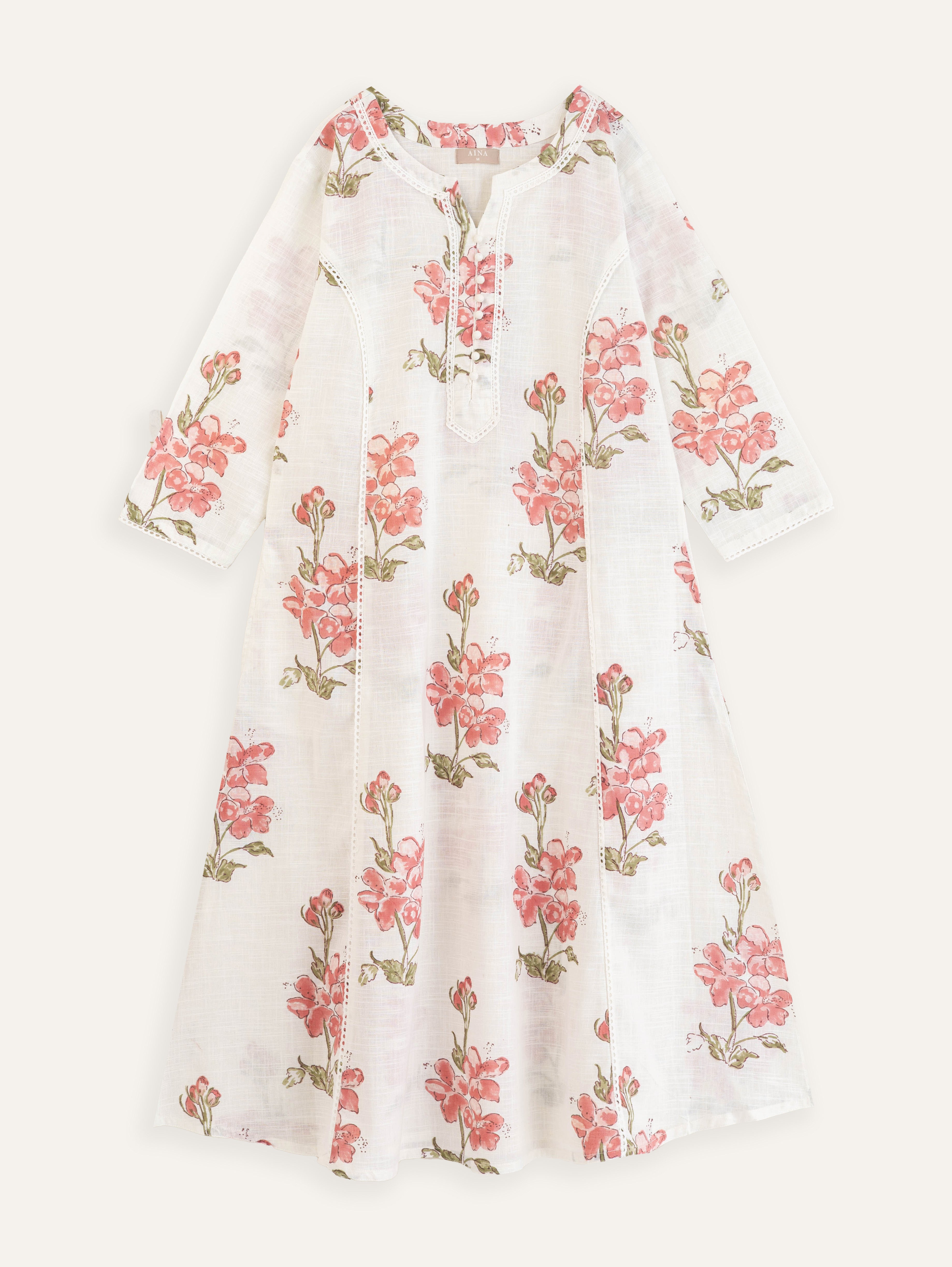 Tishya Slub Block Printed A Line Kurta