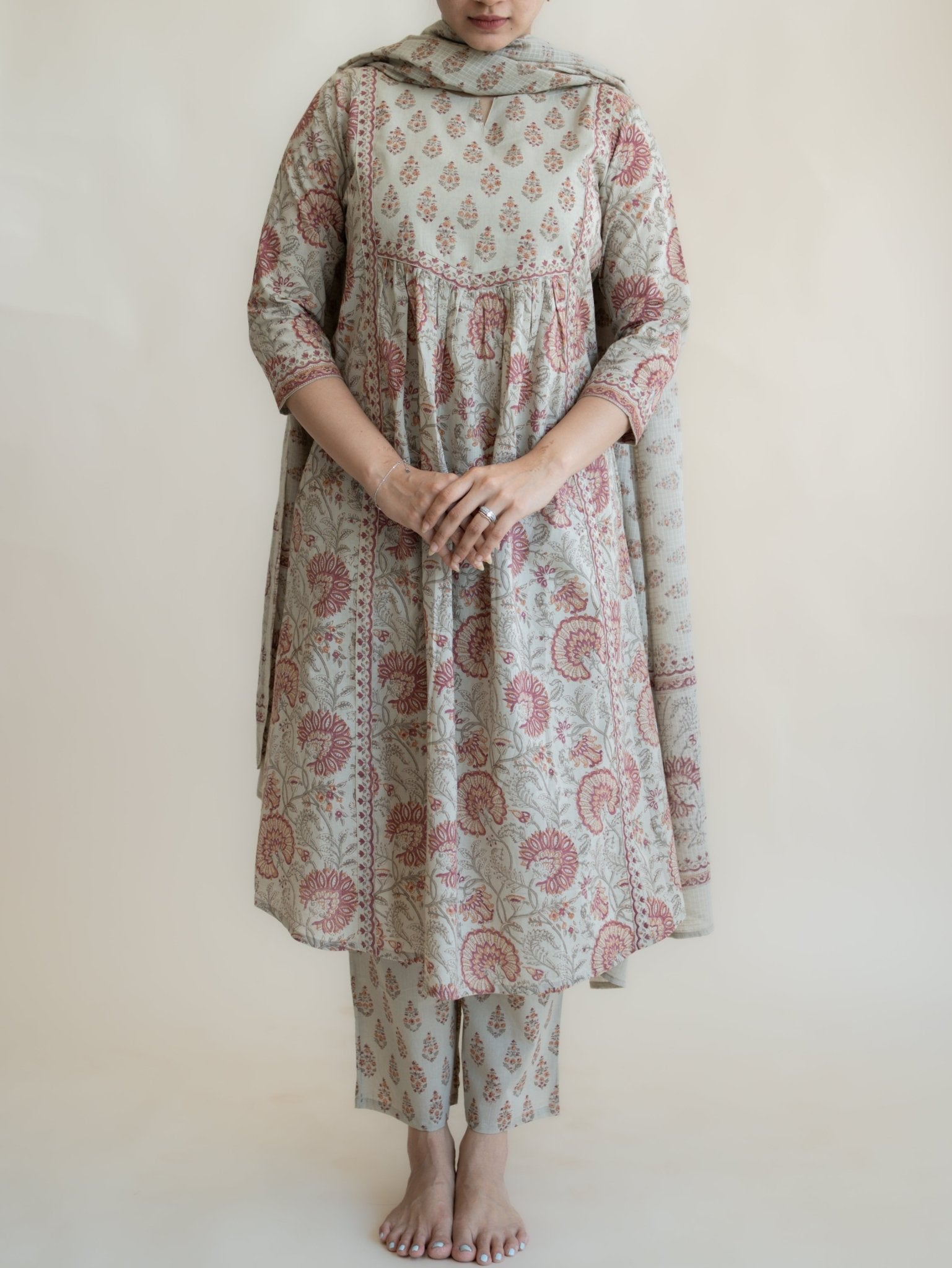Neha Cotton Block Printed A - Line Suit Set - AINA