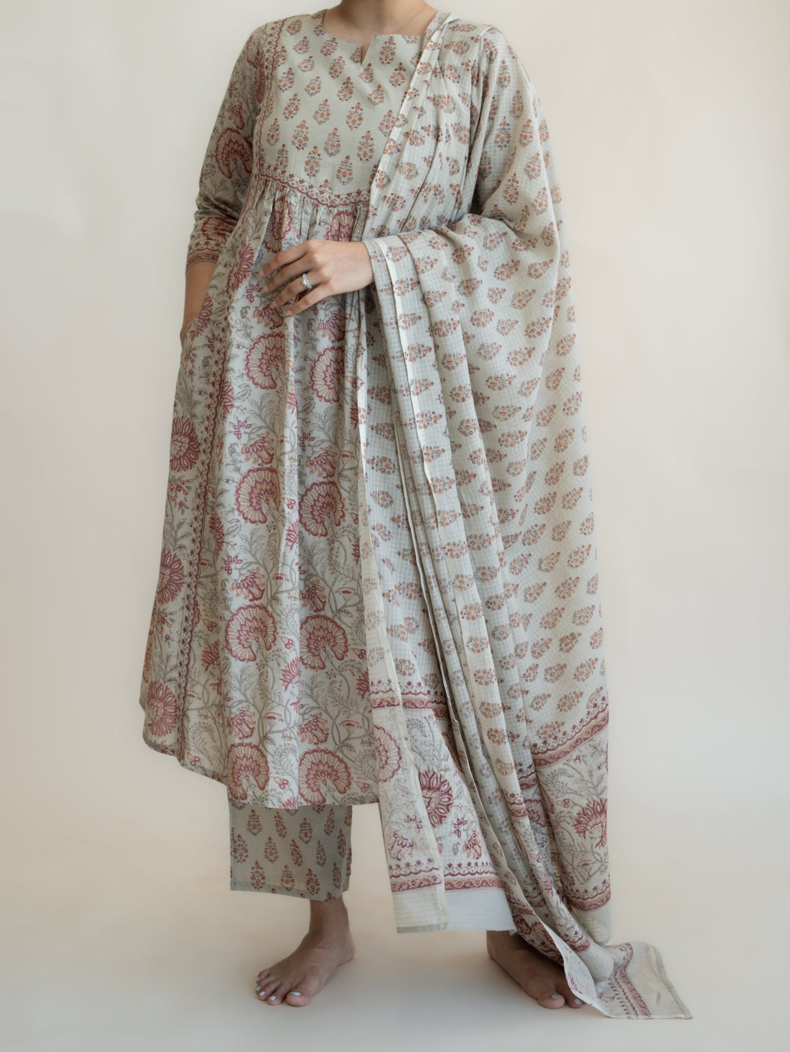 Neha Cotton Block Printed A - Line Suit Set - AINA