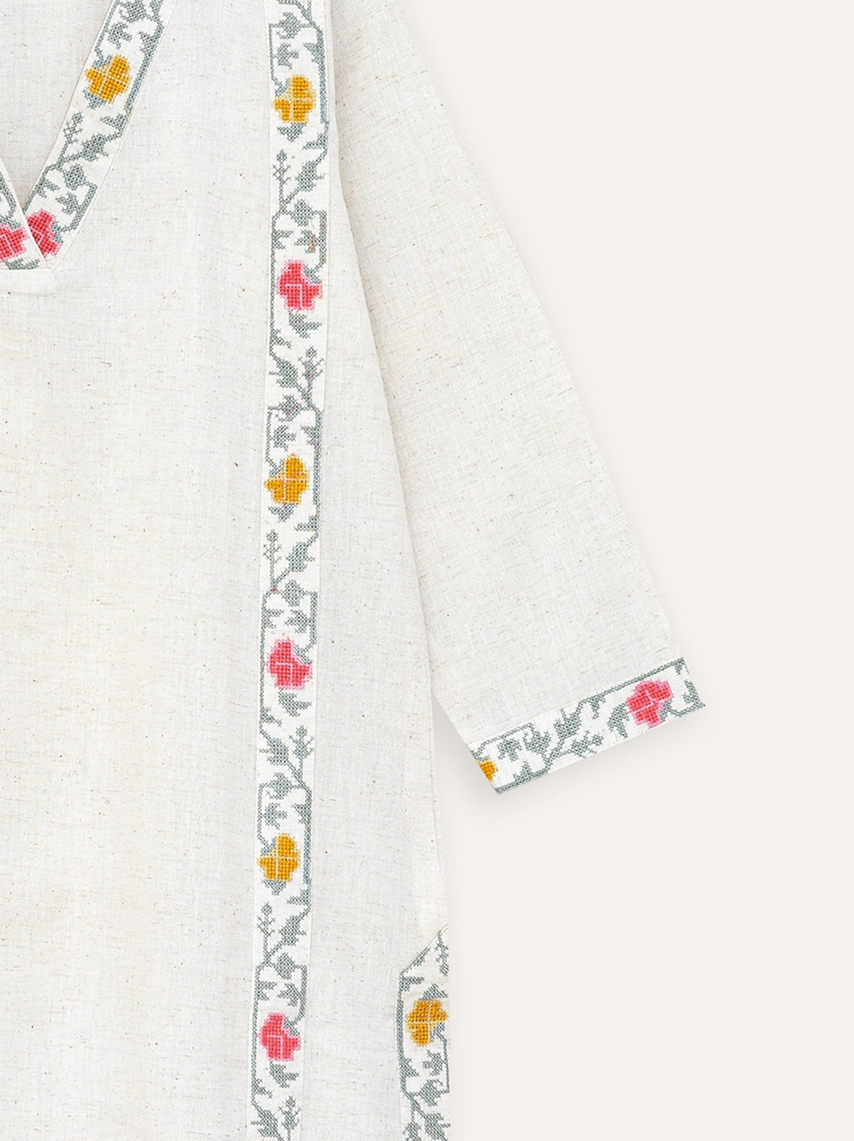 Ecru Floral Printed Thread Embroidered Rayon Flax Straight Kurta and Jegging Set main image 1