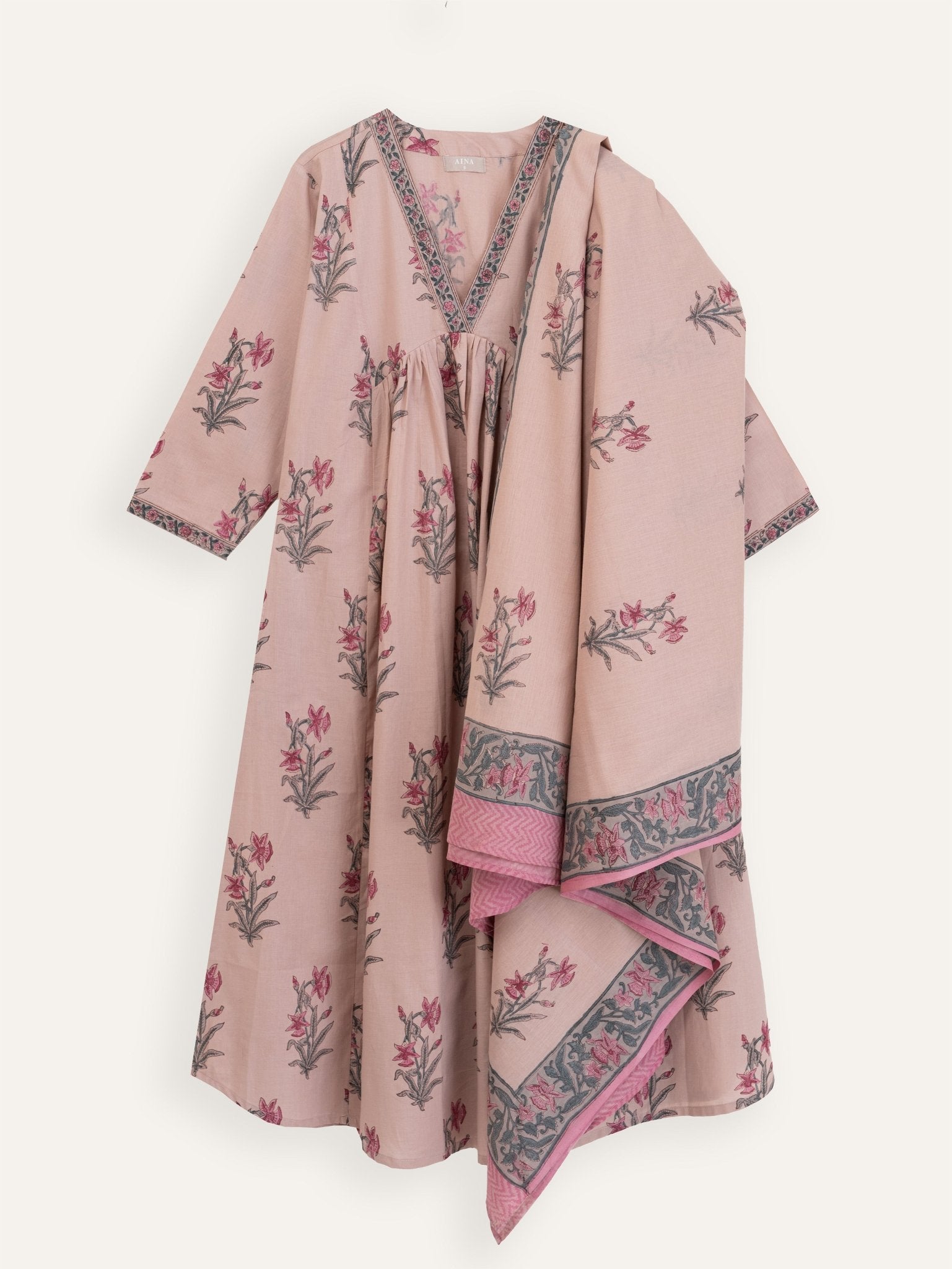 Rihana Cotton Block Printed A - Line Suit Set - AINA