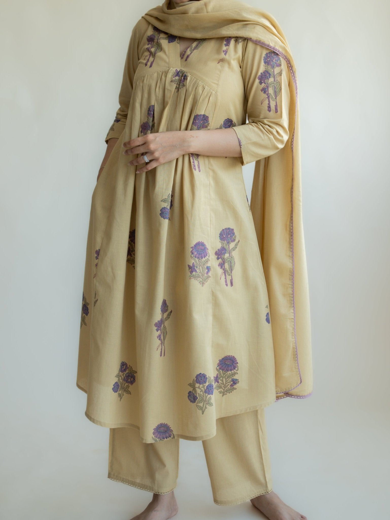 Sahana Cotton Block Printed A - Line Suit Set - AINA
