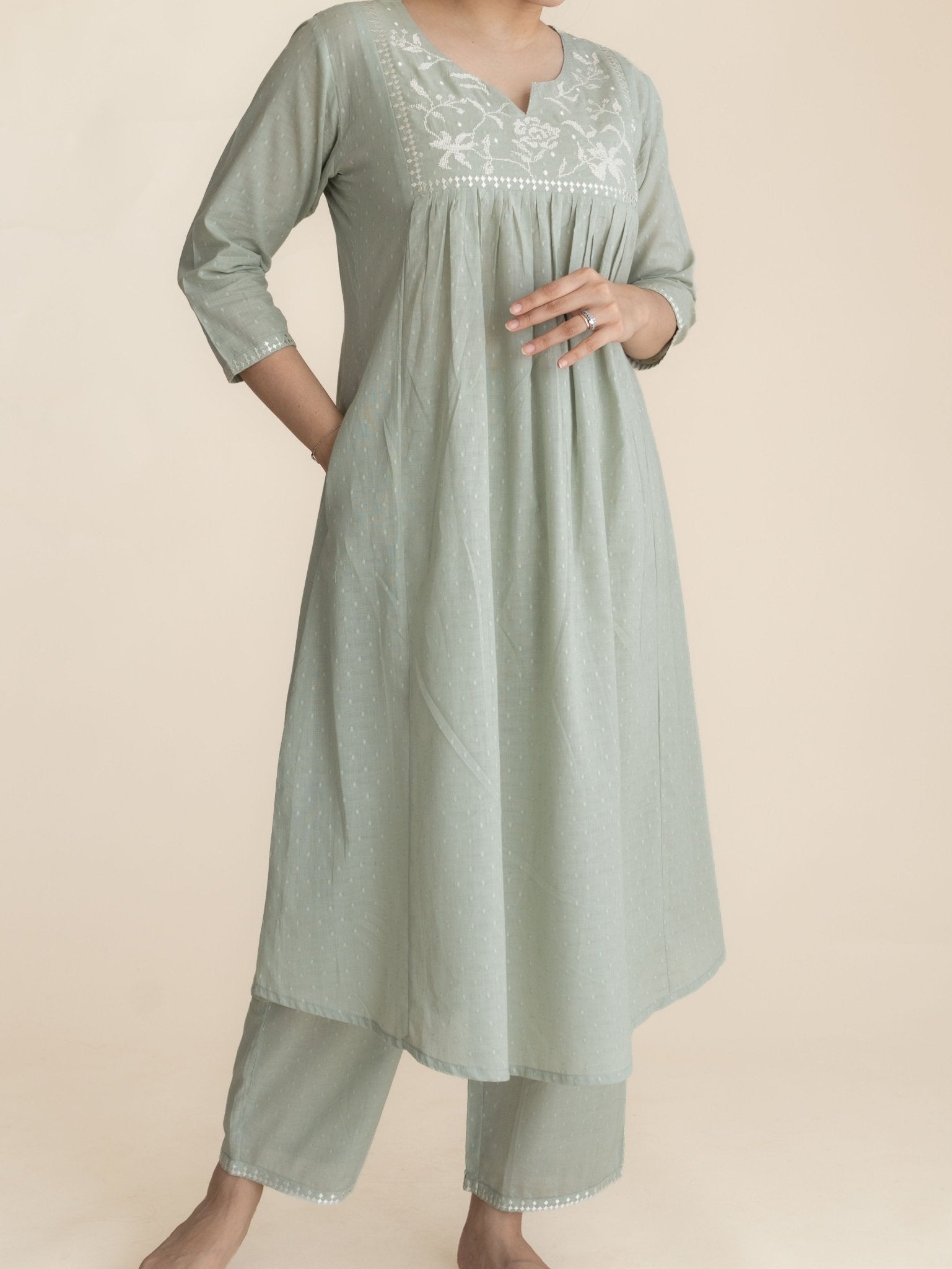 Saisha Cotton Dobby Embroidered A-Line Suit Set - AINA