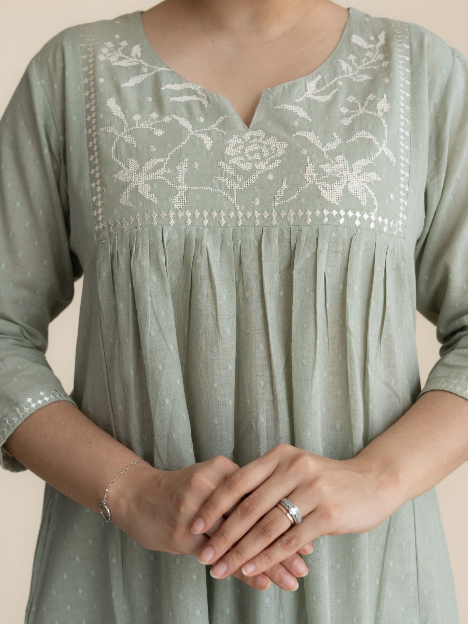 Saisha Cotton Dobby Embroidered A-Line Suit Set - AINA