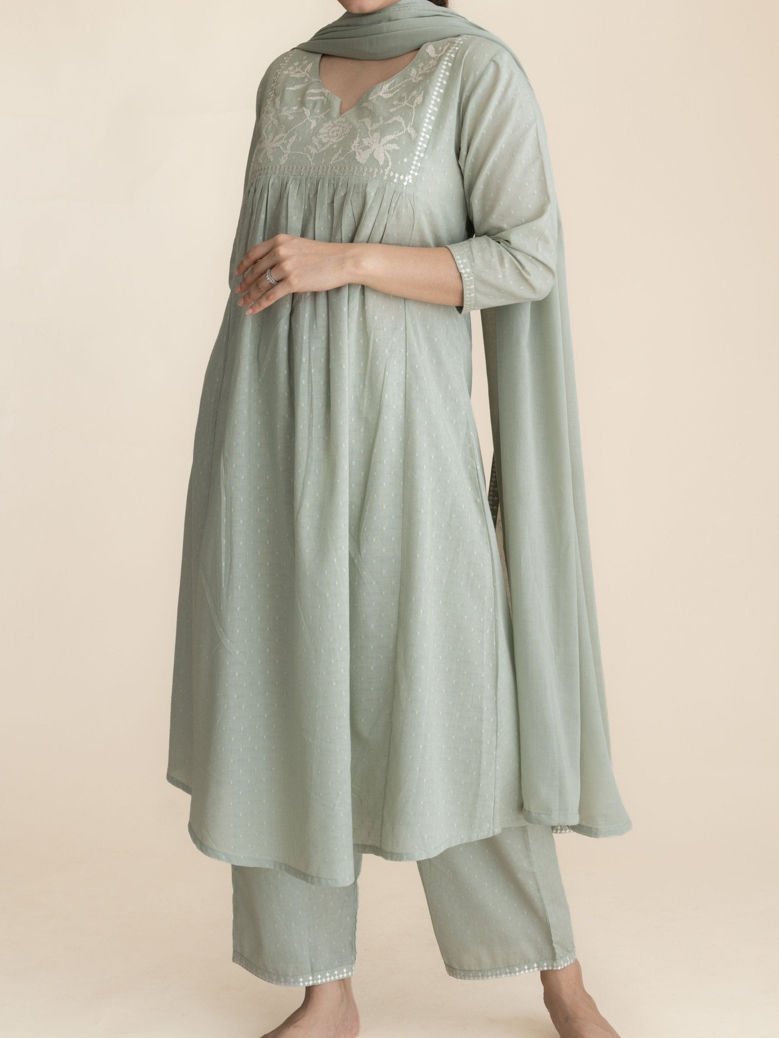 Saisha Cotton Dobby Embroidered A-Line Suit Set - AINA