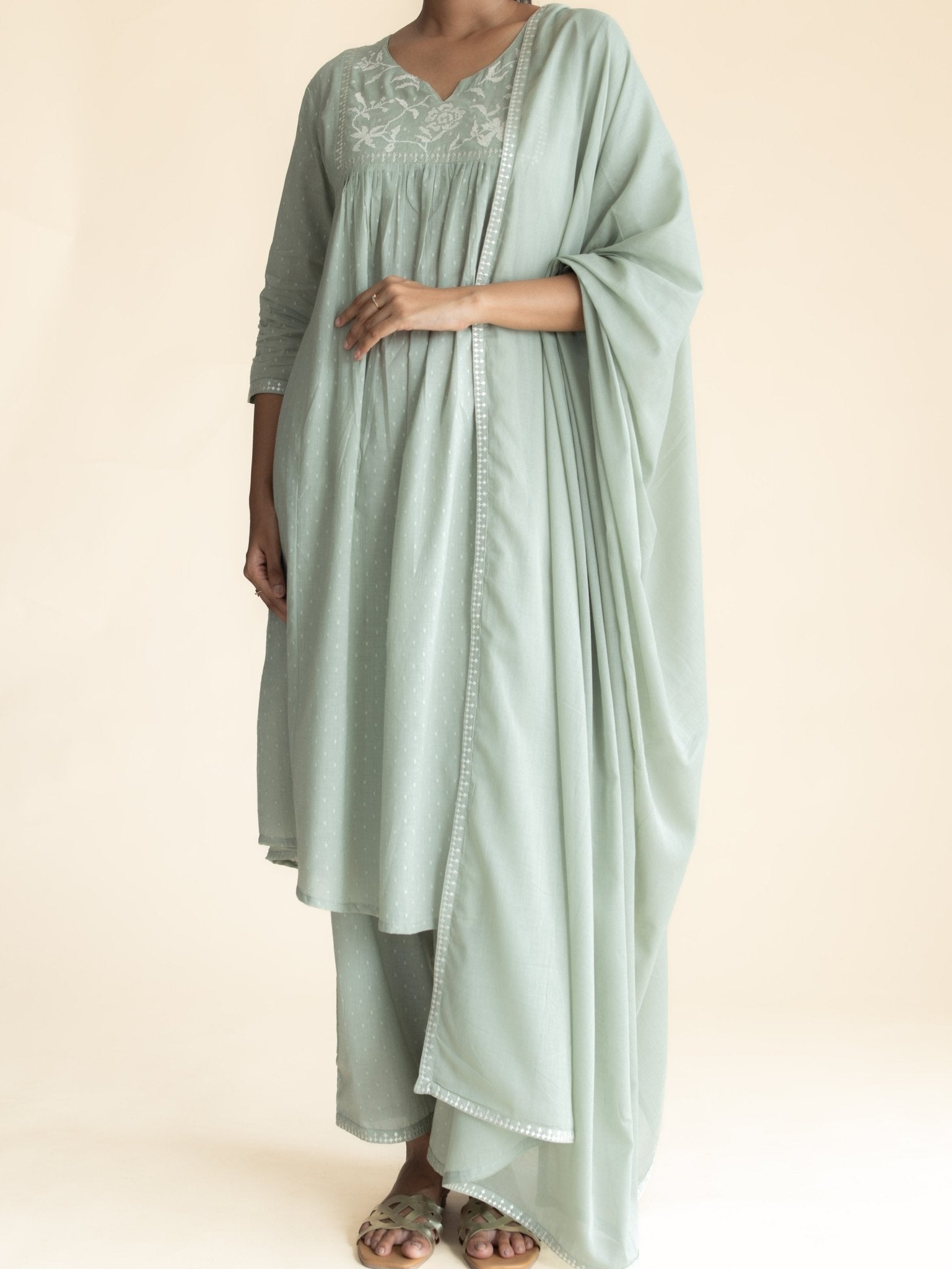 Saisha Cotton Dobby Embroidered A - Line Suit Set - AINA