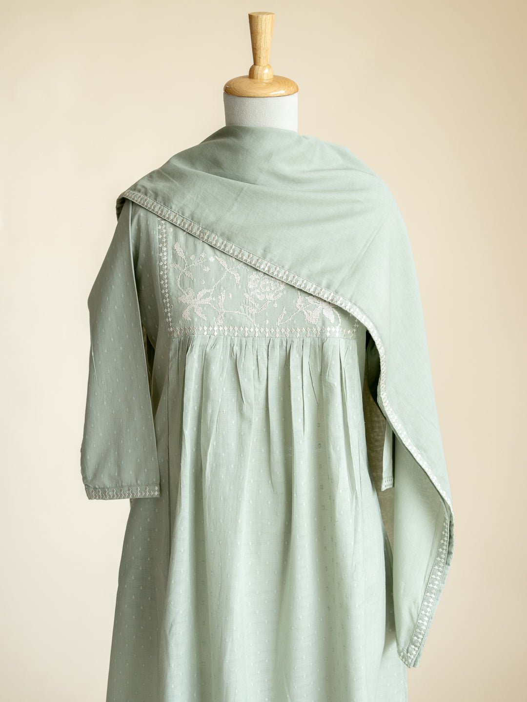 Saisha Cotton Dobby Embroidered A - Line Suit Set - AINA