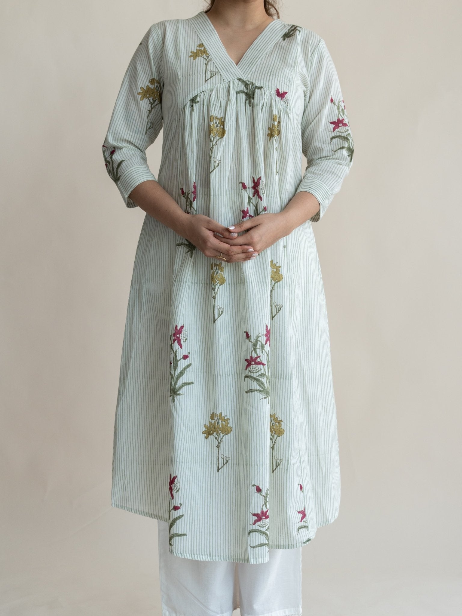 Sheela Cotton Block Printed A - Line Kurta - AINA