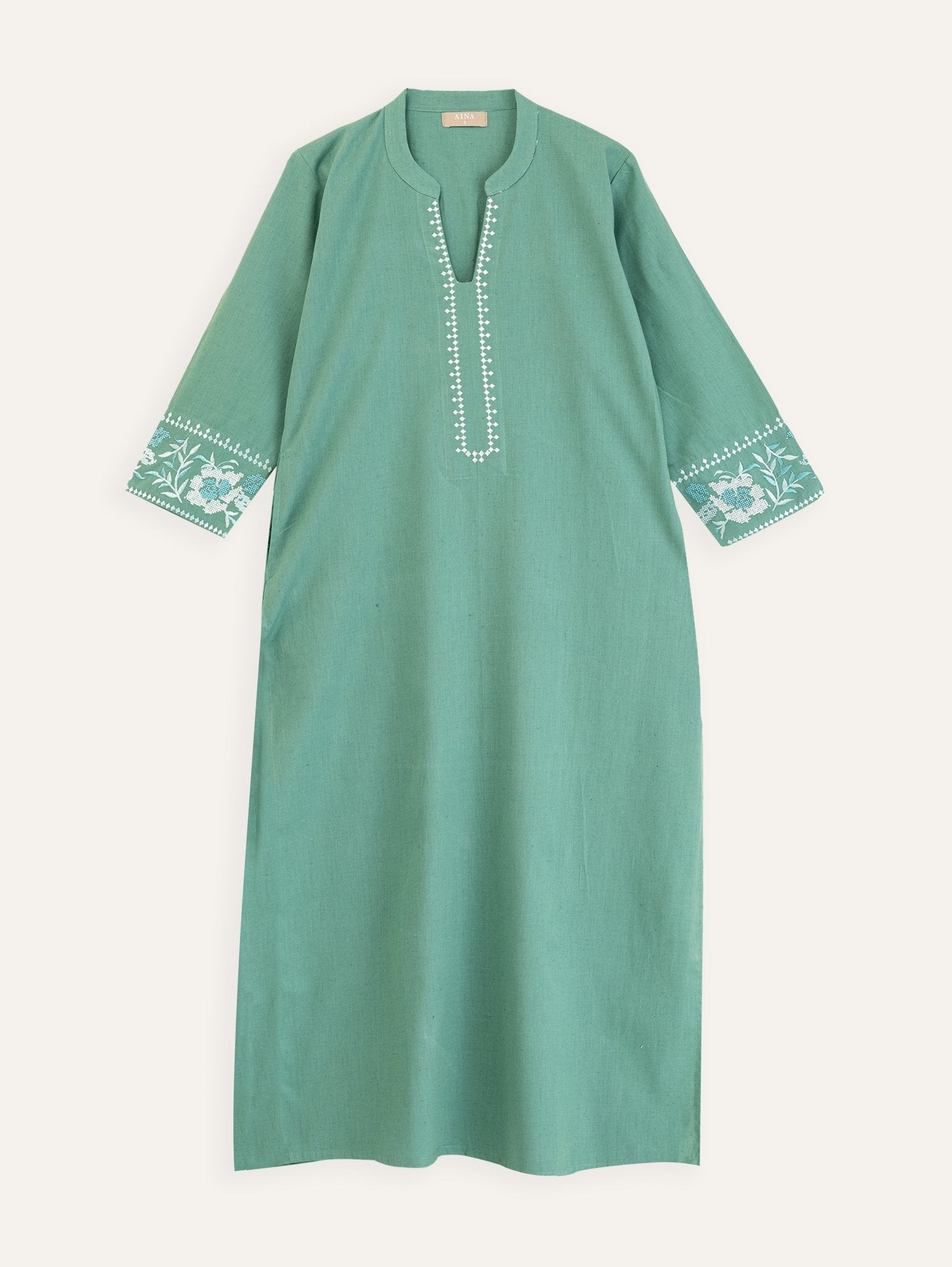 Thrishna Cotton Flax Embroidered Straight Kurta - AINA