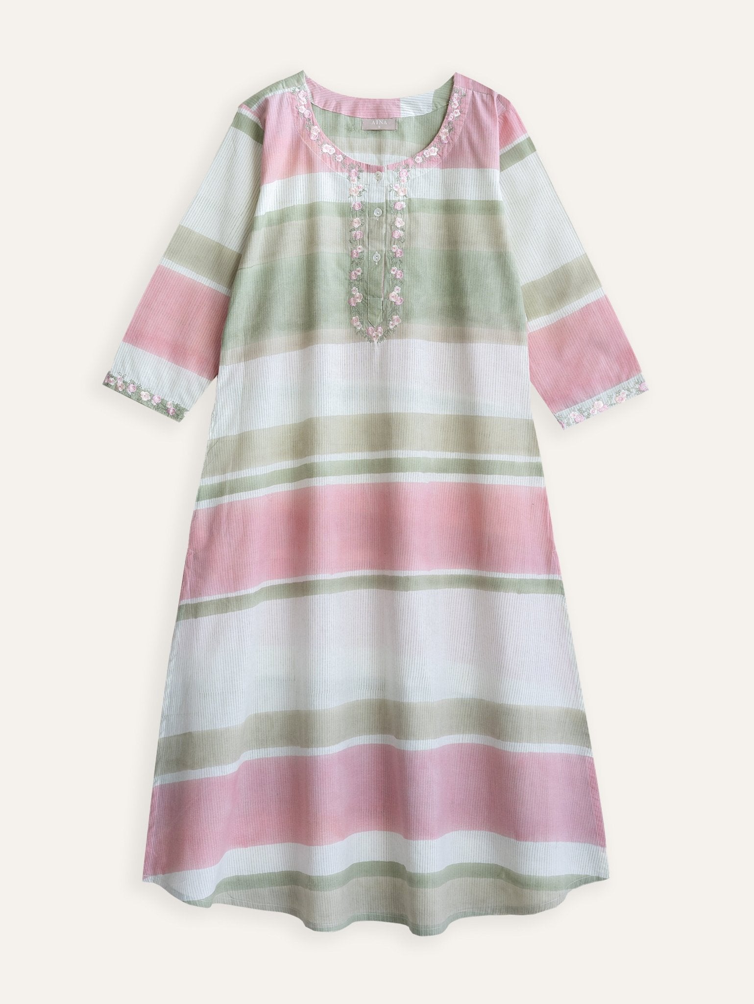 Vaibhavi Cotton Block Printed Embroidered A - Line Kurta - AINA