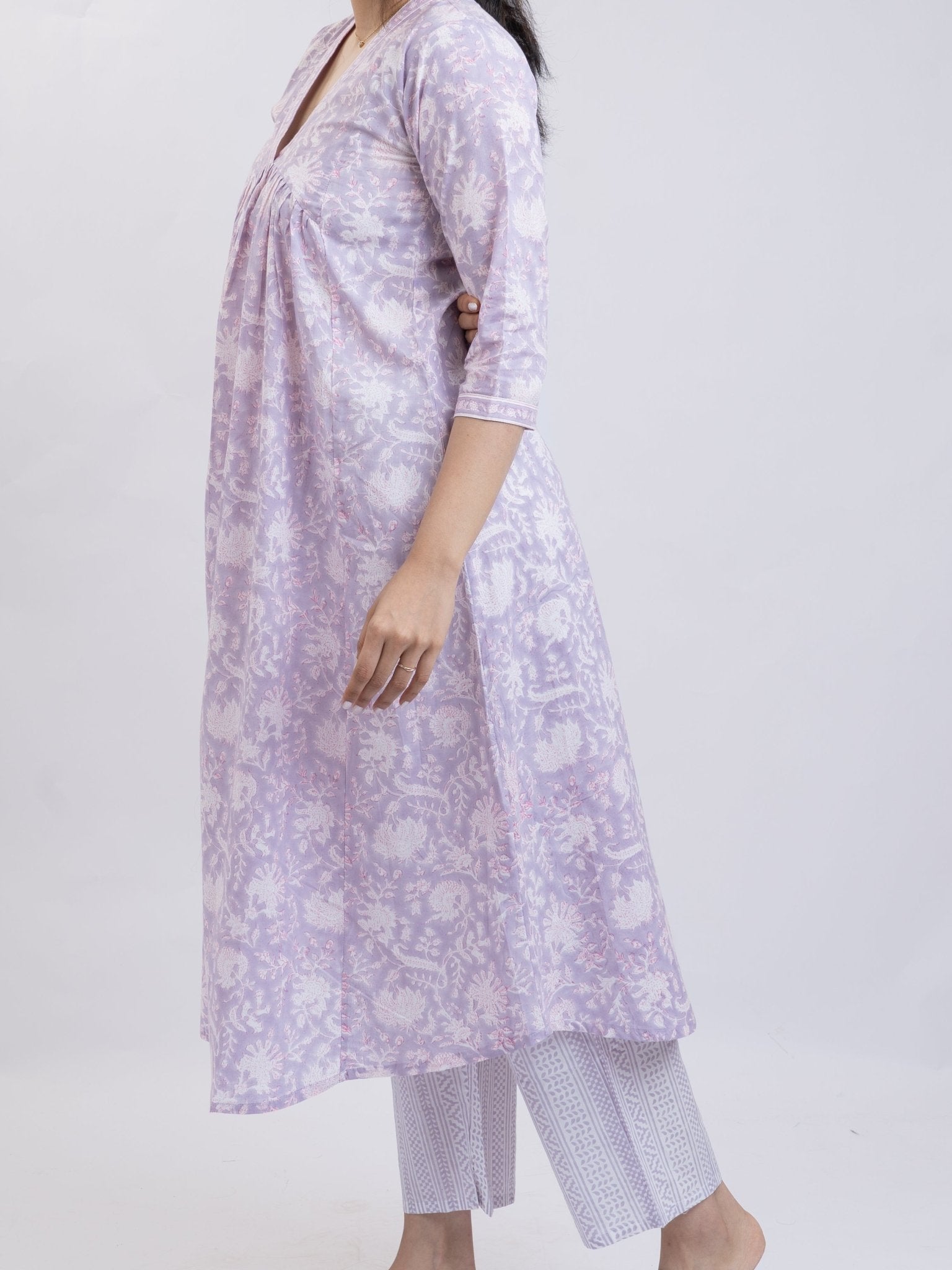 Yafia Cotton Block Printed A - Line Suit Set - AINA