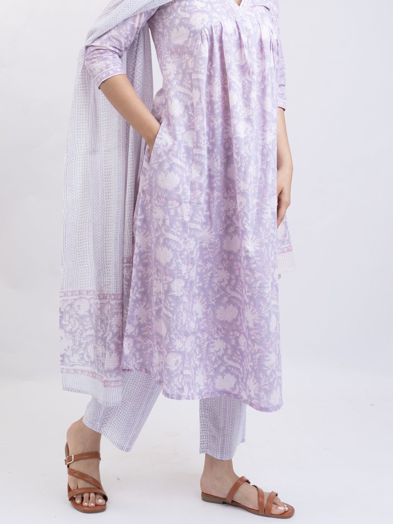 Yafia Cotton Block Printed A - Line Suit Set - AINA