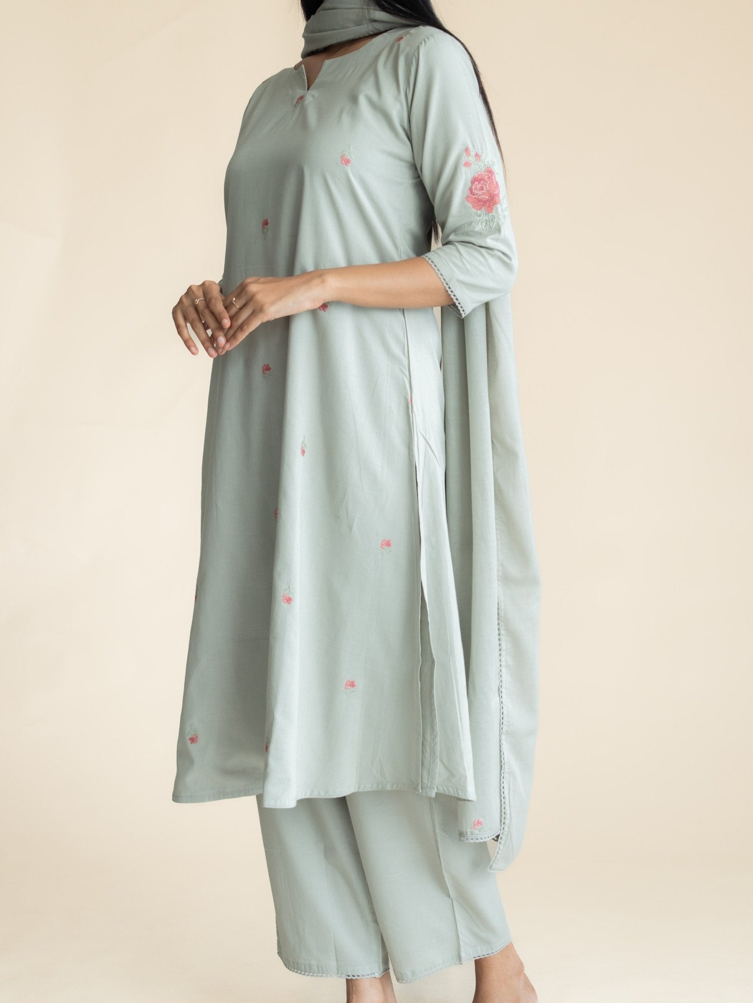 Zafira Cotton Embroidered Straight Suit Set - AINA