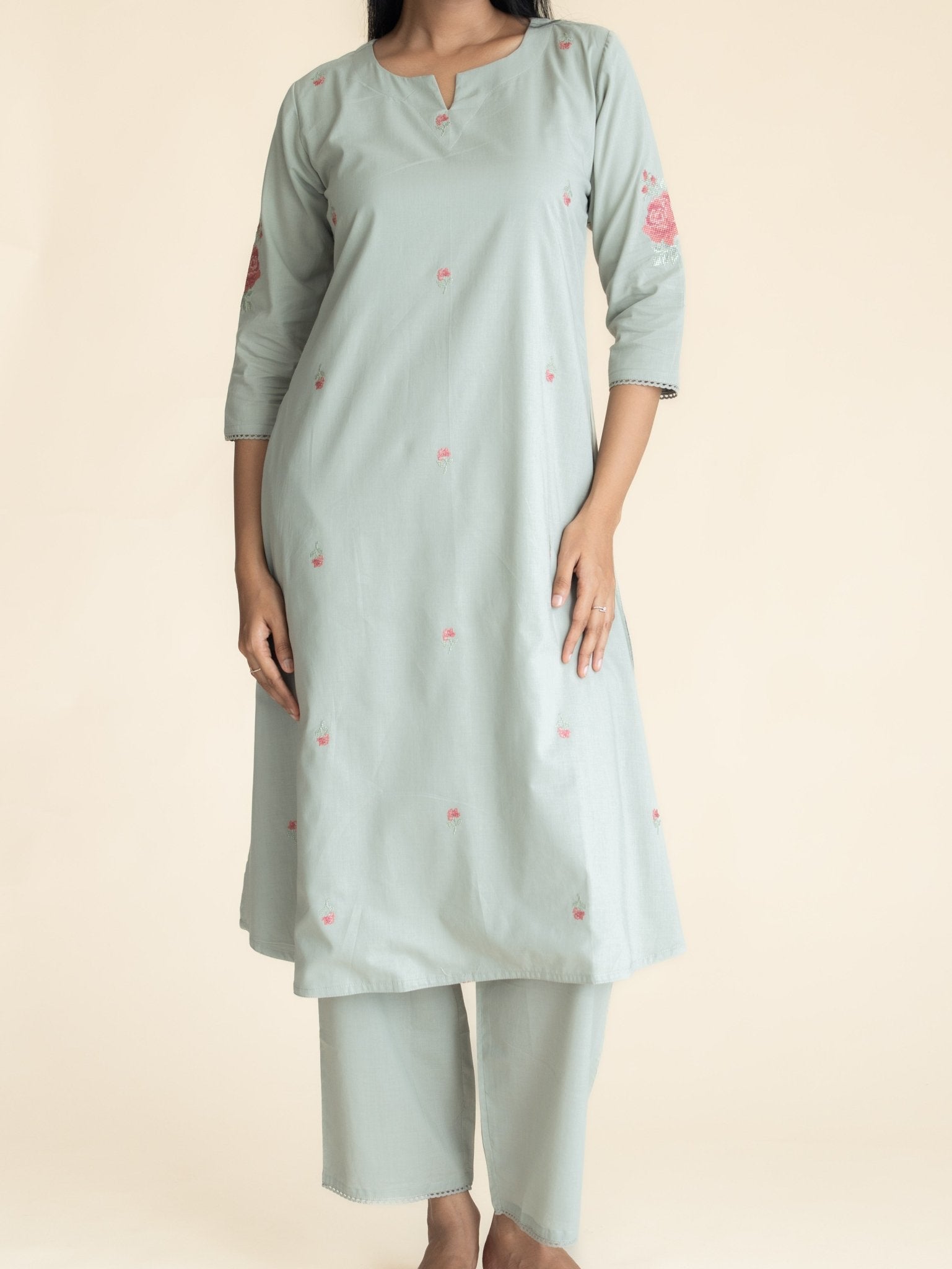 Zafira Cotton Embroidered Straight Suit Set - AINA