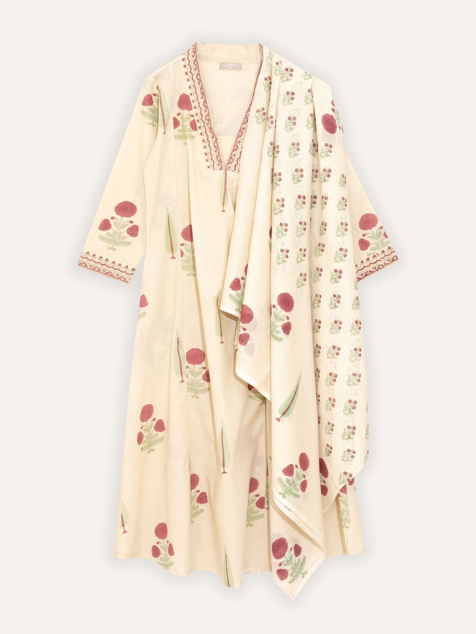 Zakiah Cotton Block Printed A - Line Suit Set - AINA