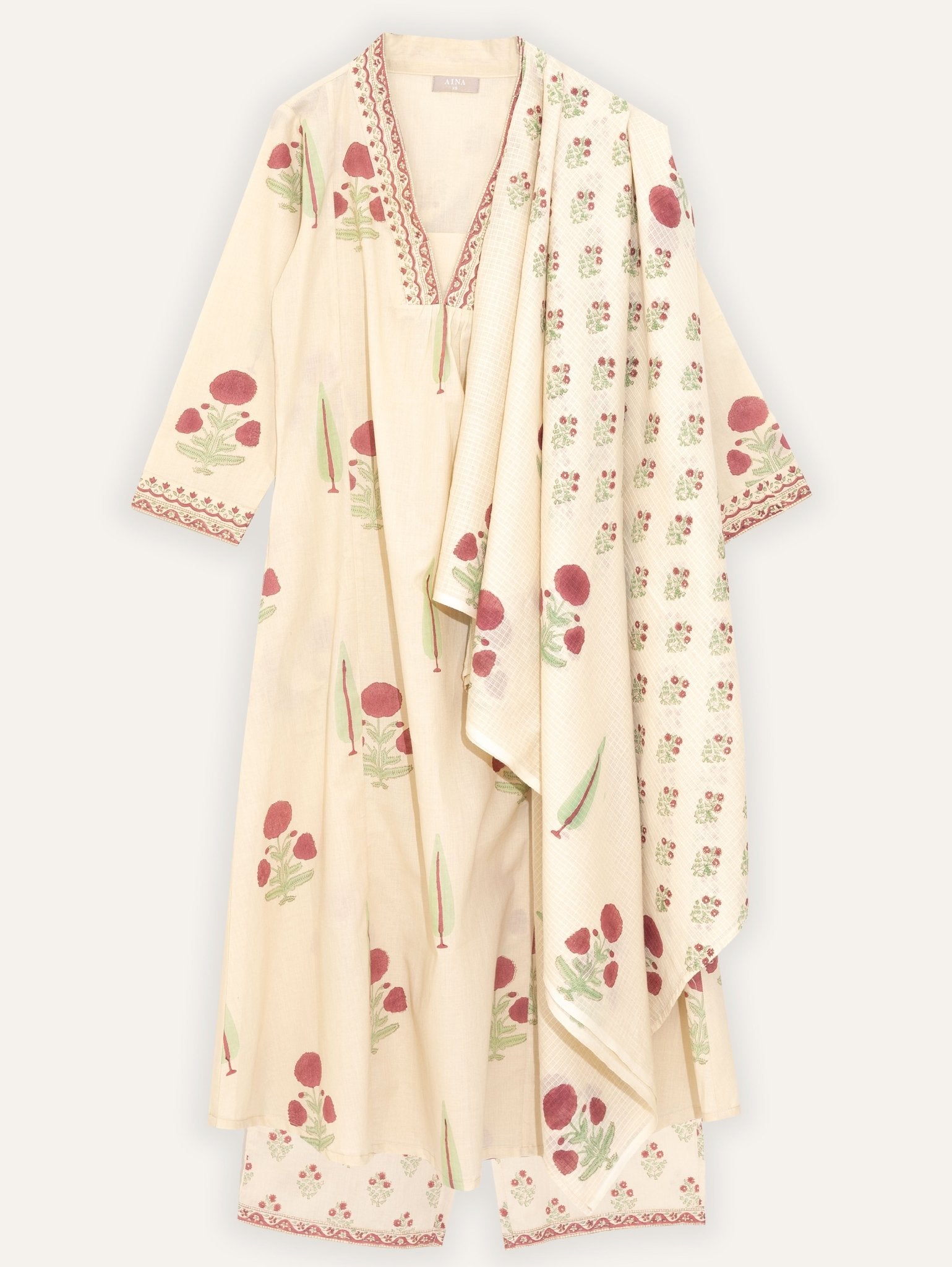 Zakiah Cotton Block Printed A - Line Suit Set - AINA