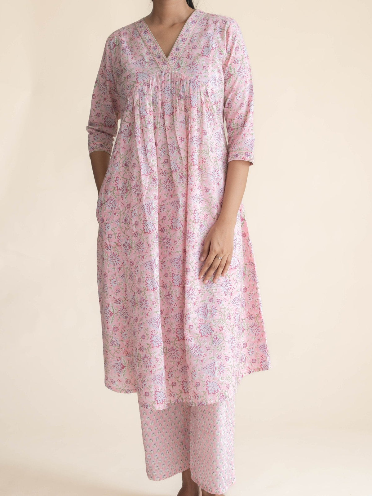 Zamha Cotton Block Printed A-Line Kurta - AINA