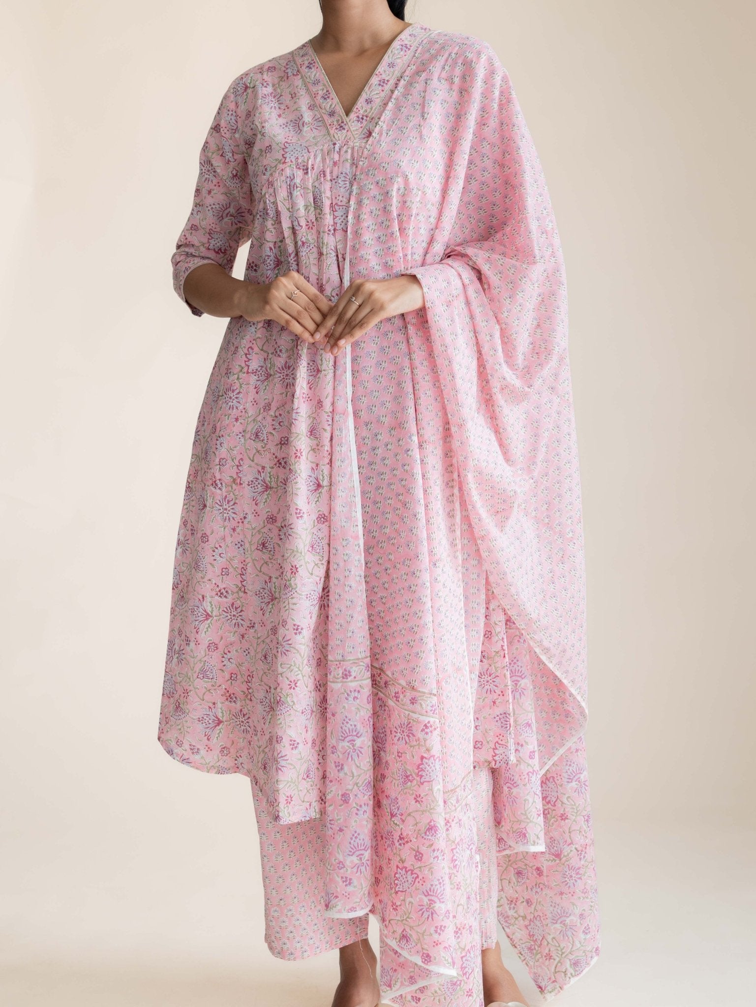 Zamha Cotton Block Printed A - Line Suit Set - AINA