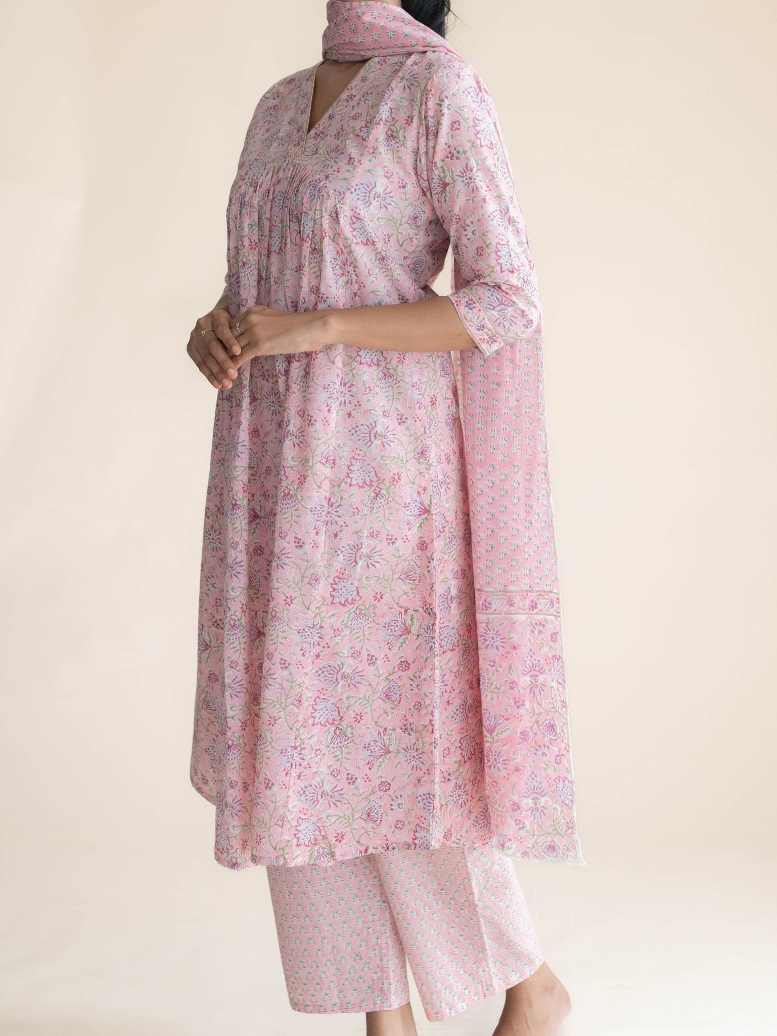 Zamha Cotton Block Printed A - Line Suit Set - AINA
