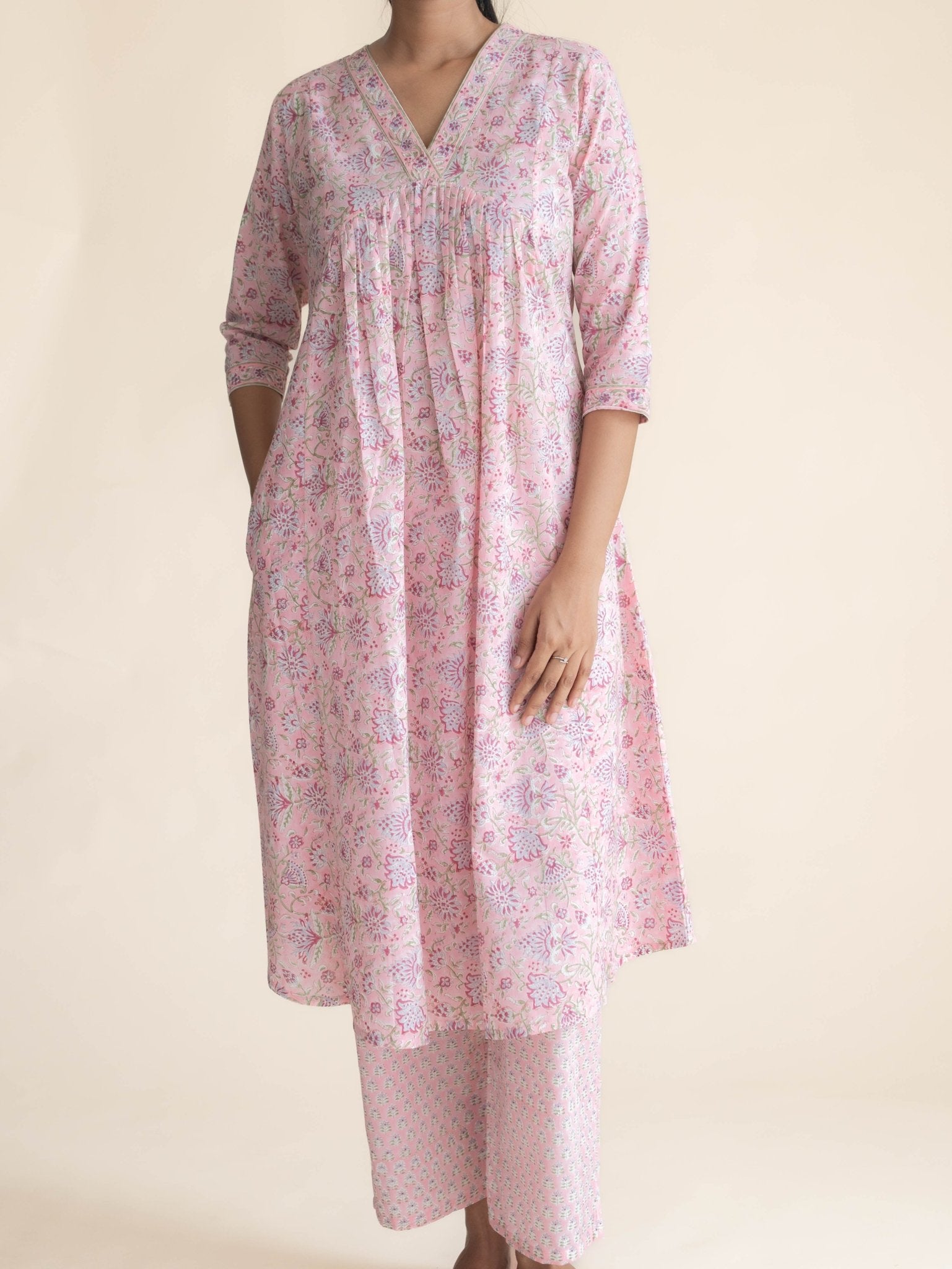 Zamha Cotton Block Printed A - Line Suit Set - AINA