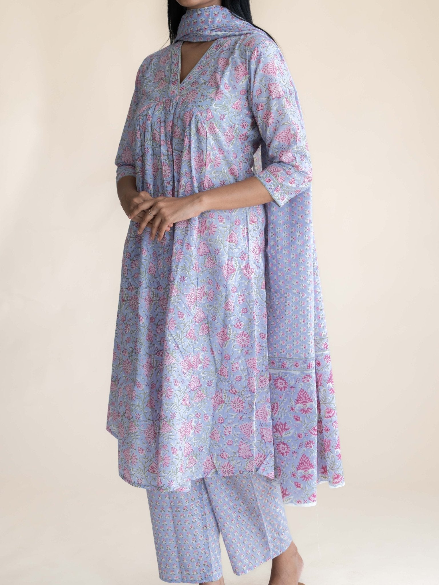 Zanha Cotton Block Printed A - Line Suit Set - AINA