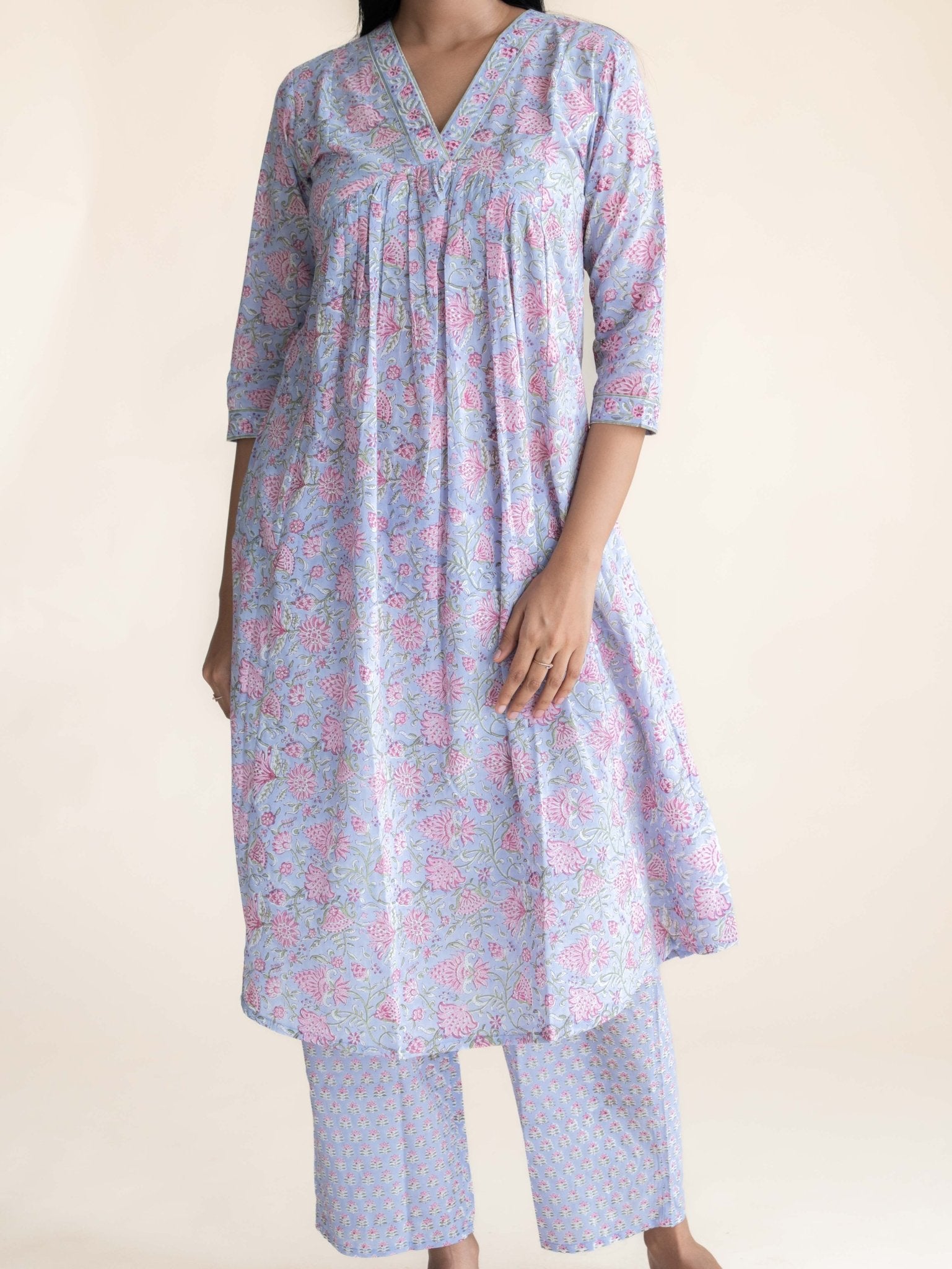 Zanha Cotton Block Printed A - Line Suit Set - AINA