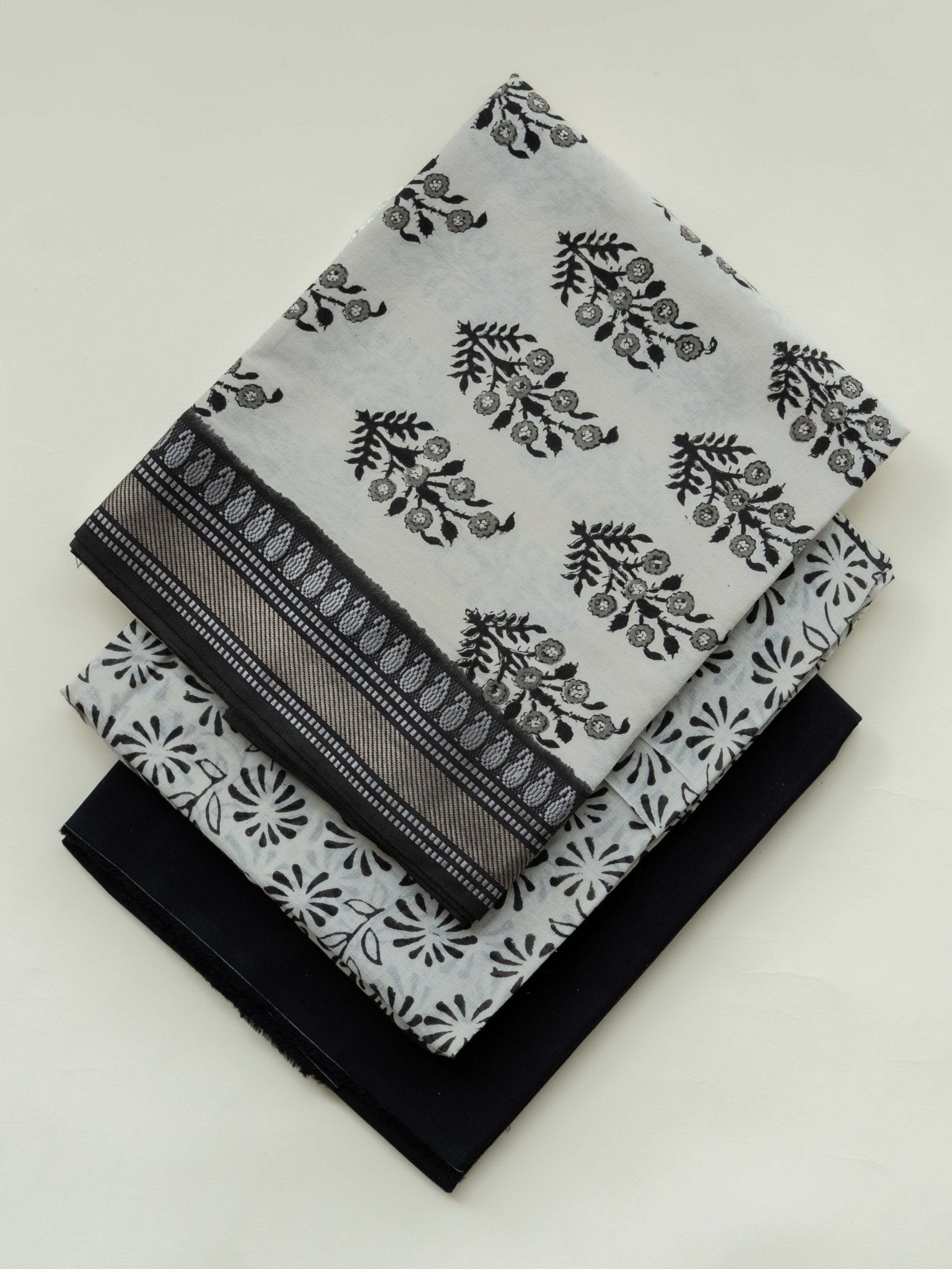 Ziya Cotton Block Printed Unstitched Suit Set - 3 Piece - AINA