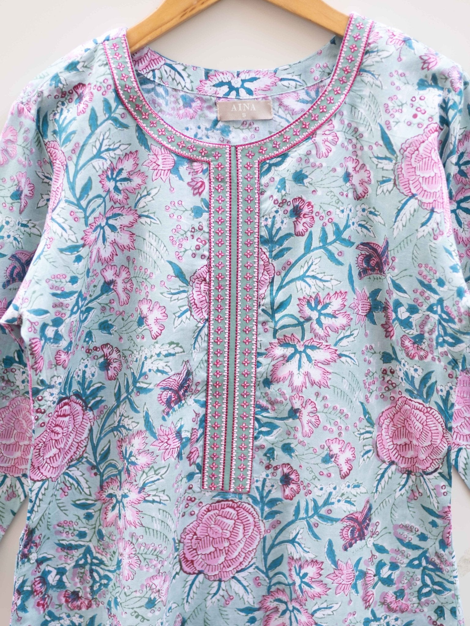 Cotton Embroidered Block Printed Straight Kurta - AINA